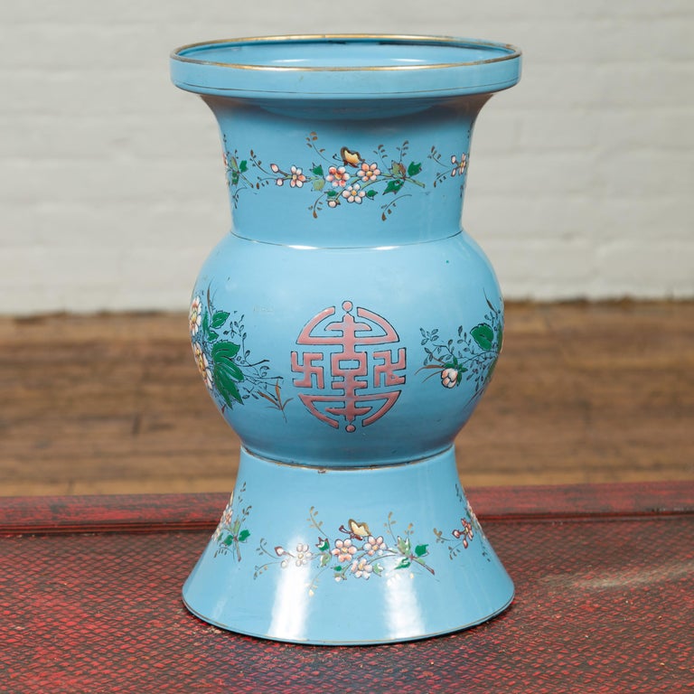 Vintage Chinese Hand Painted Blue Metal Vase with Calligraphy and