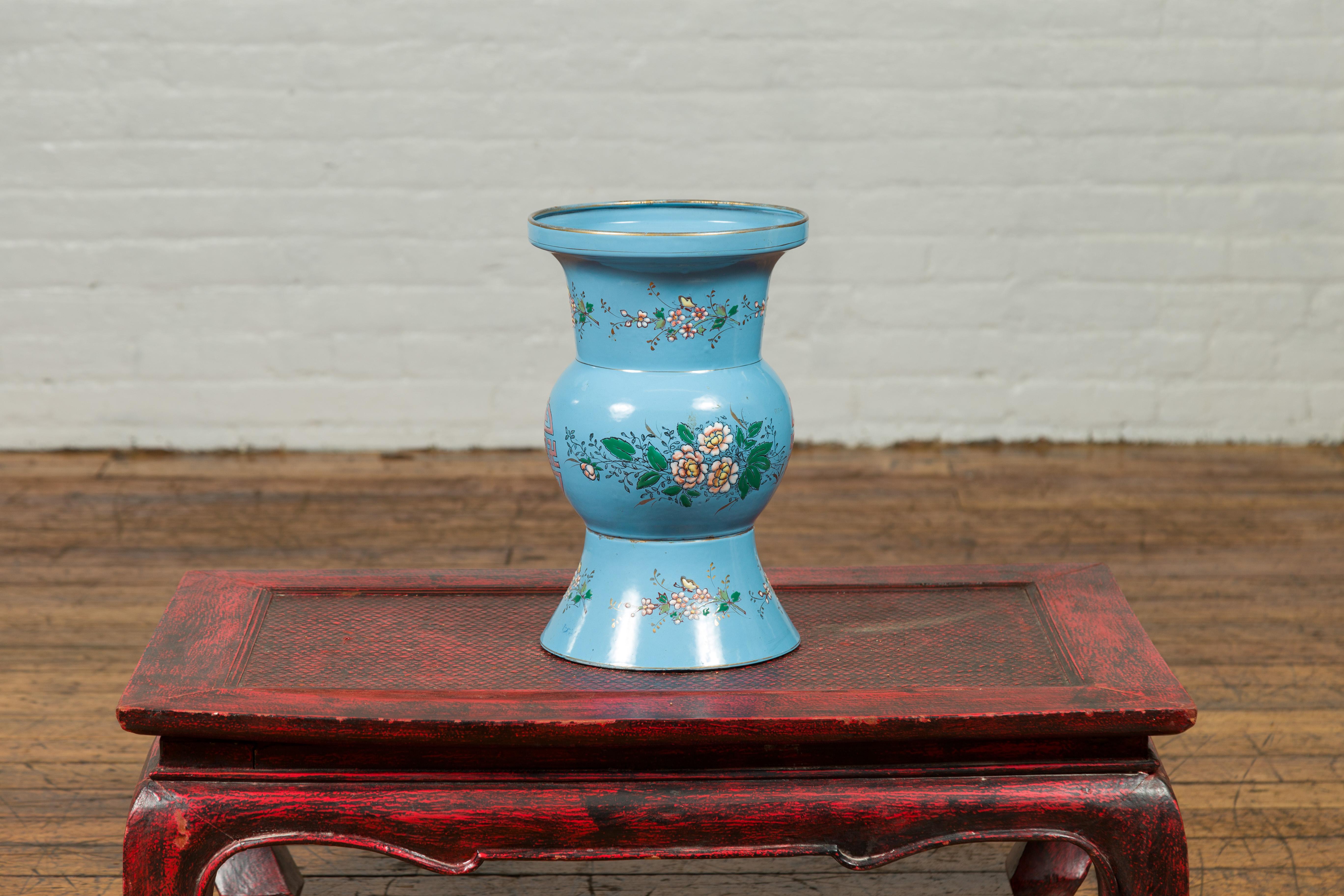 Vintage Chinese Hand Painted Blue Metal Vase with Calligraphy and Floral Décor In Good Condition For Sale In Yonkers, NY