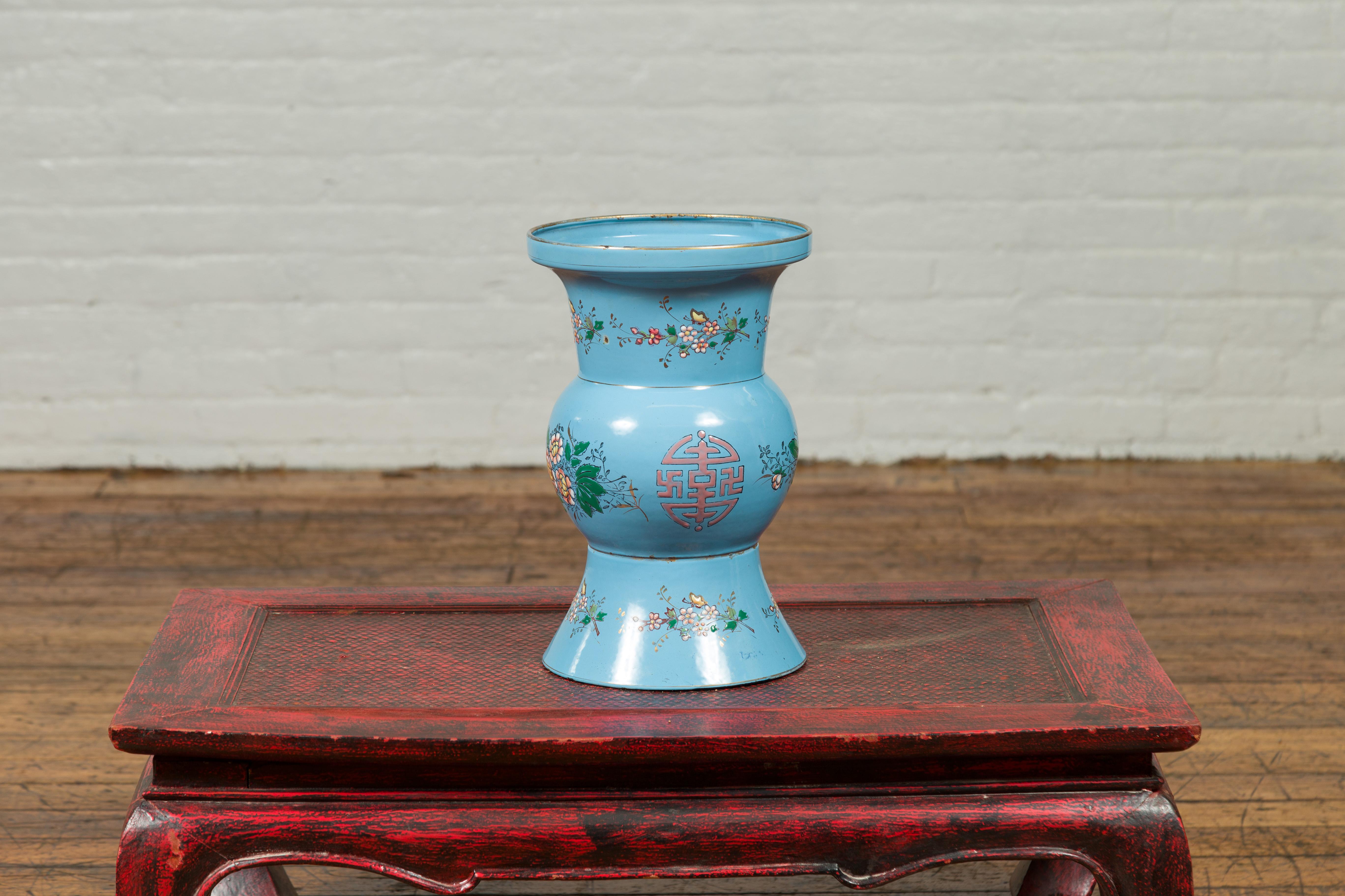 20th Century Vintage Chinese Hand Painted Blue Metal Vase with Calligraphy and Floral Décor For Sale