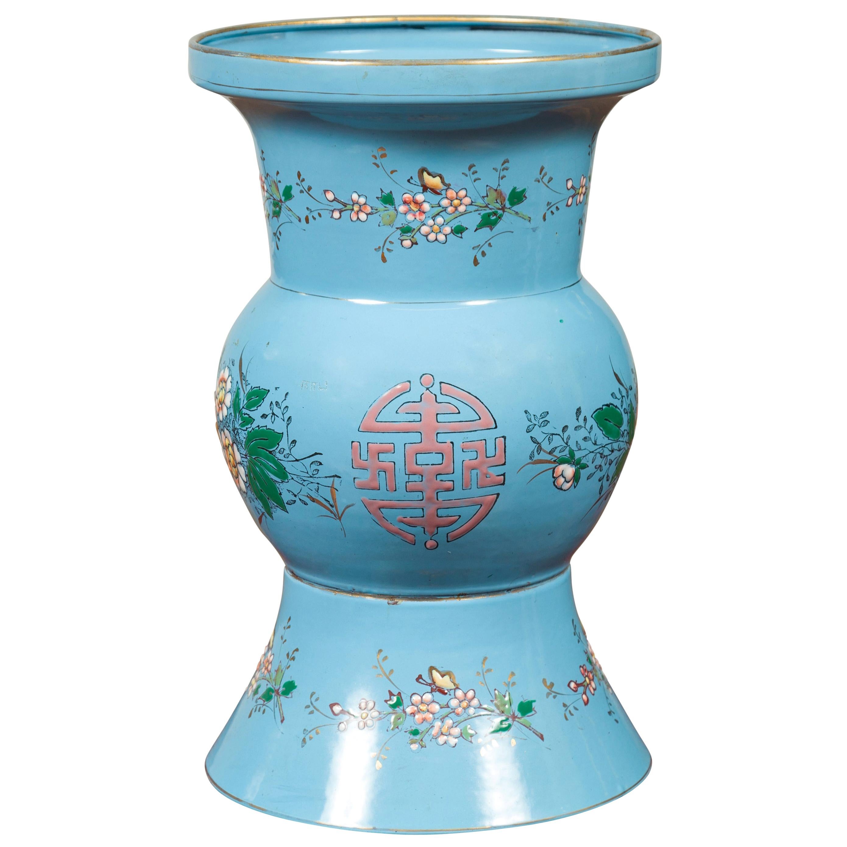 Vintage Chinese Hand Painted Blue Metal Vase with Calligraphy and Floral Décor For Sale
