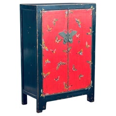 Vintage Chinese Hand Painted Butterfly Red & Black Lacquer Cabinet