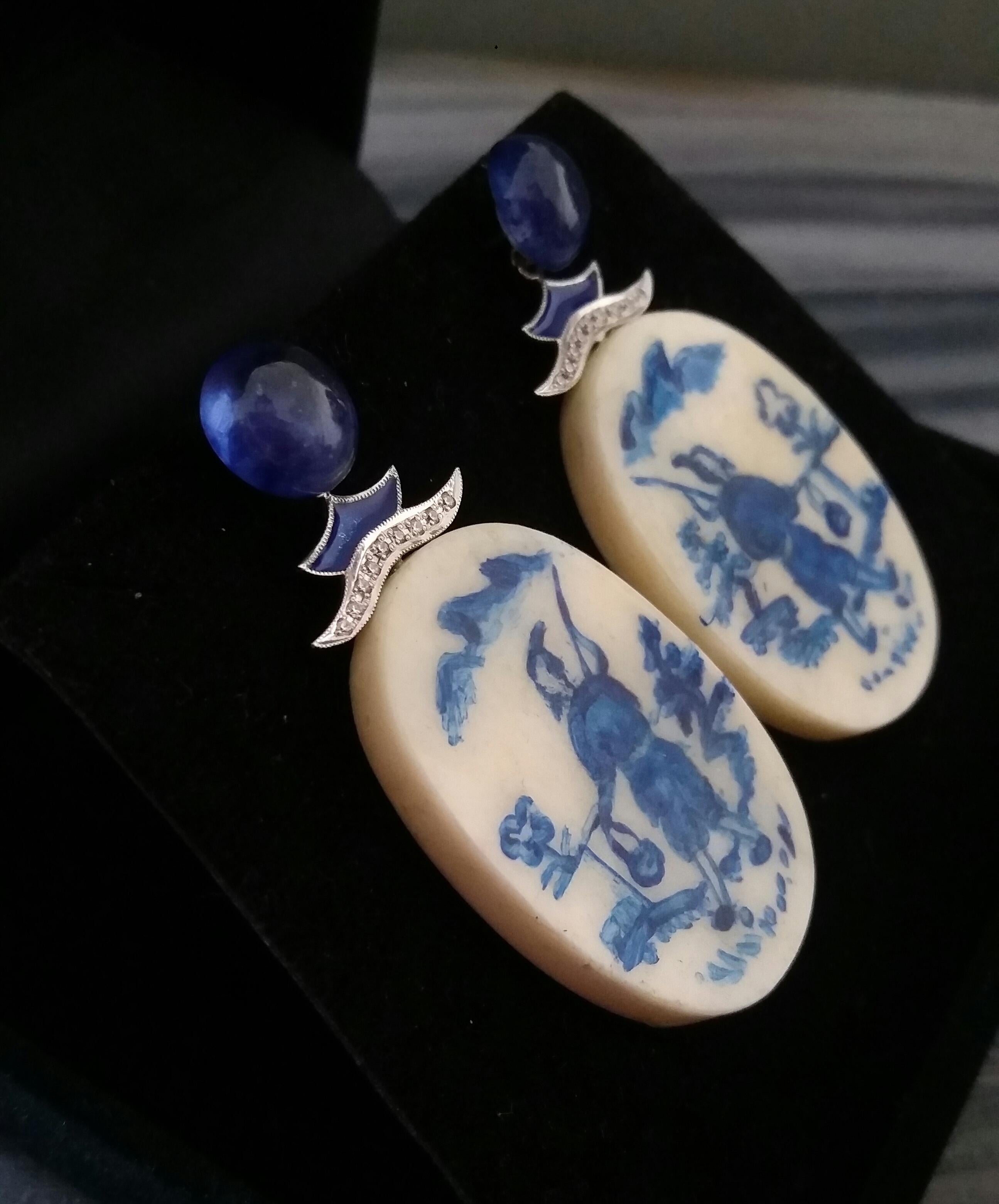 Vintage Chinese Hand Painted Cow Bones Gold Diamonds Sapphires Enamel Earrings For Sale 4