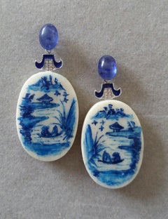 Vintage Chinese Hand Painted Cow Bones Gold Diamonds Sapphires Enamel Earrings