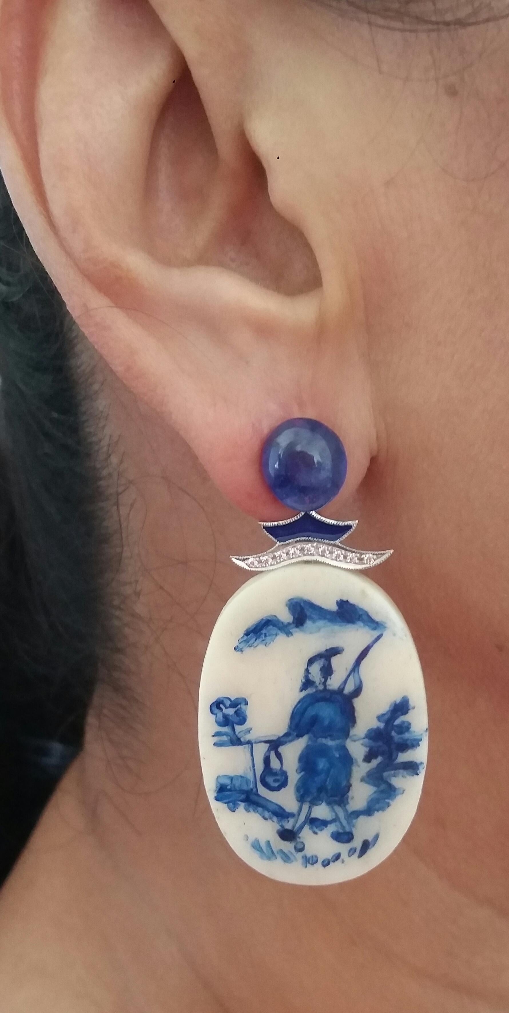 Mixed Cut Vintage Chinese Hand Painted Cow Bones Gold Diamonds Sapphires Enamel Earrings For Sale