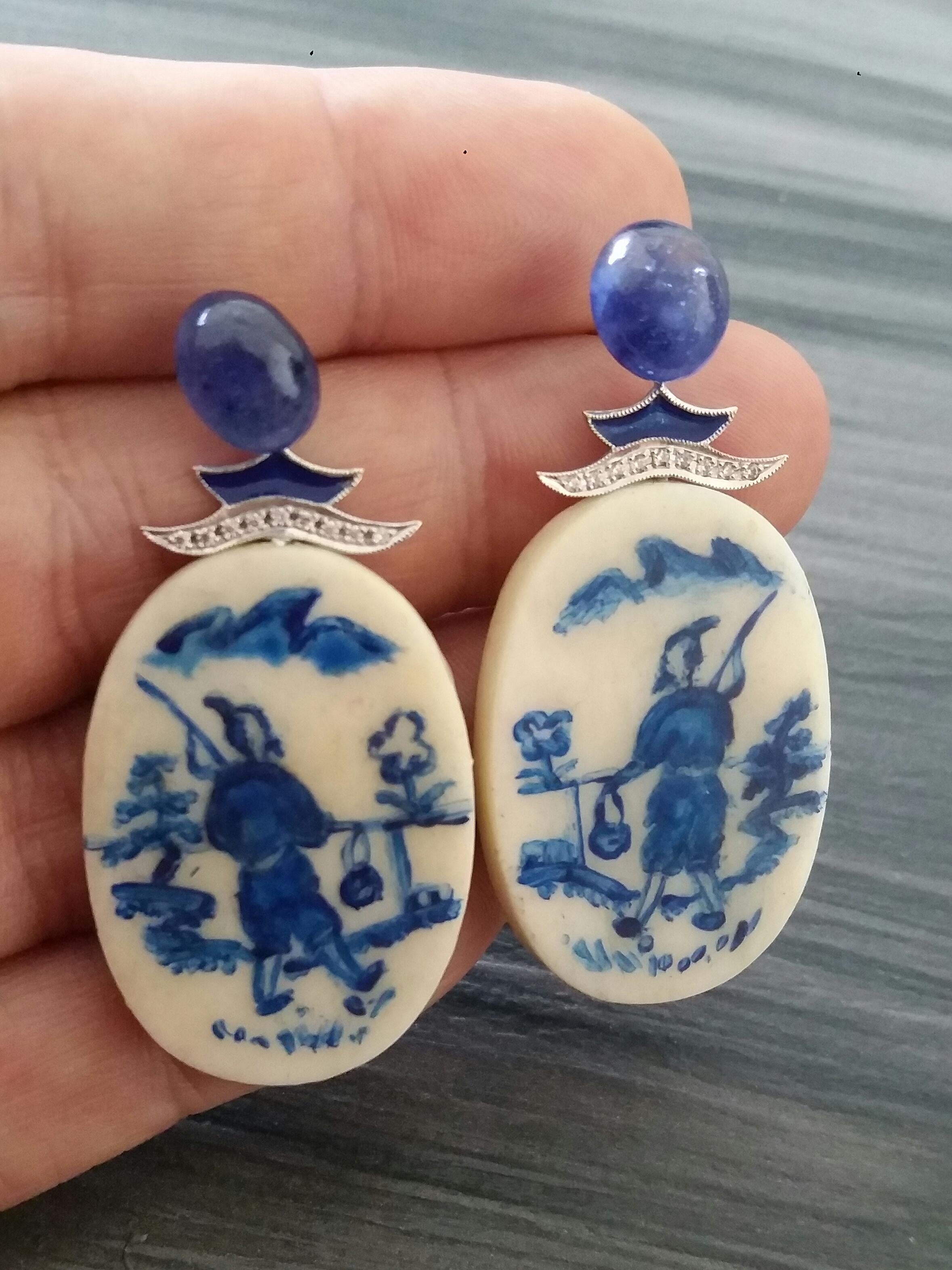 Women's Vintage Chinese Hand Painted Cow Bones Gold Diamonds Sapphires Enamel Earrings For Sale