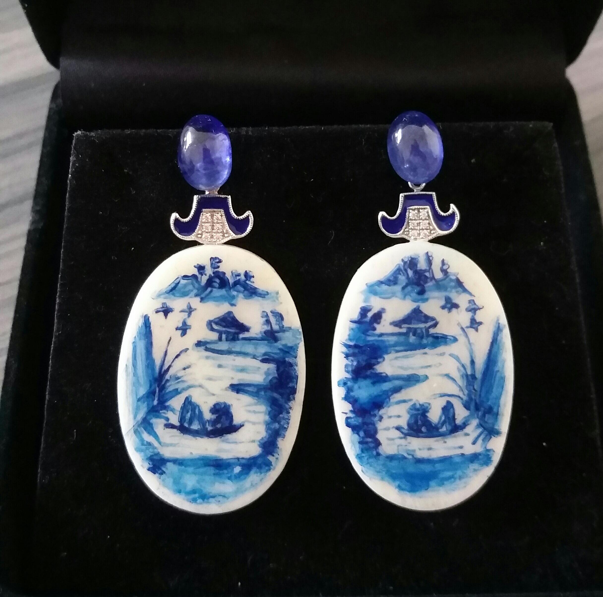 Vintage Chinese Hand Painted Cow Bones Gold Diamonds Sapphires Enamel Earrings In Good Condition For Sale In Bangkok, TH