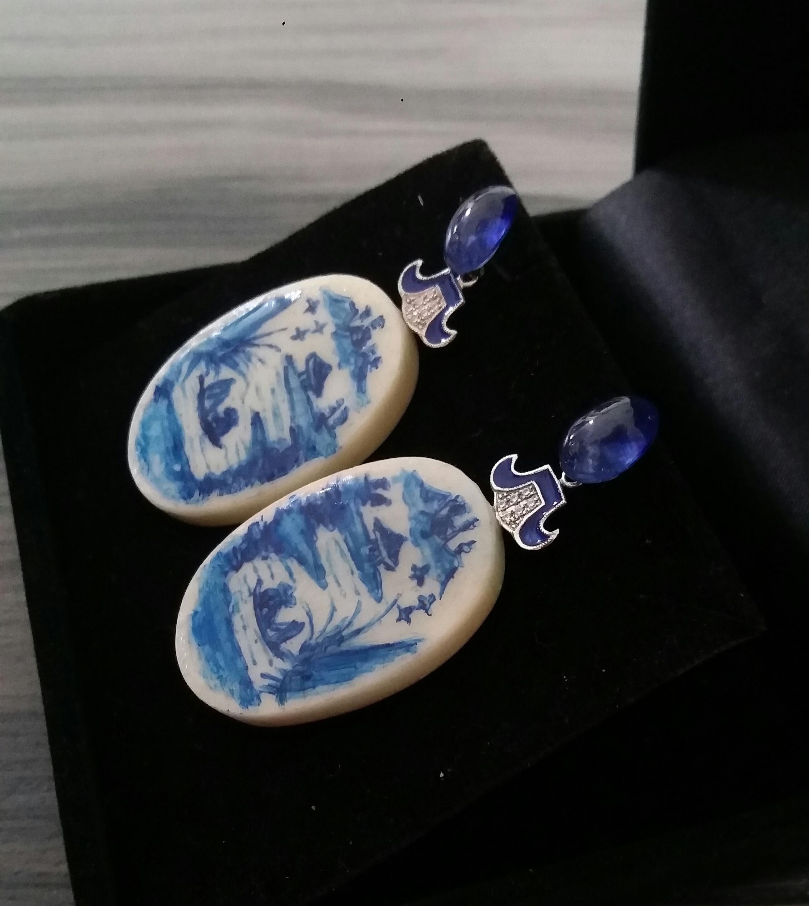 Women's Vintage Chinese Hand Painted Cow Bones Gold Diamonds Sapphires Enamel Earrings For Sale