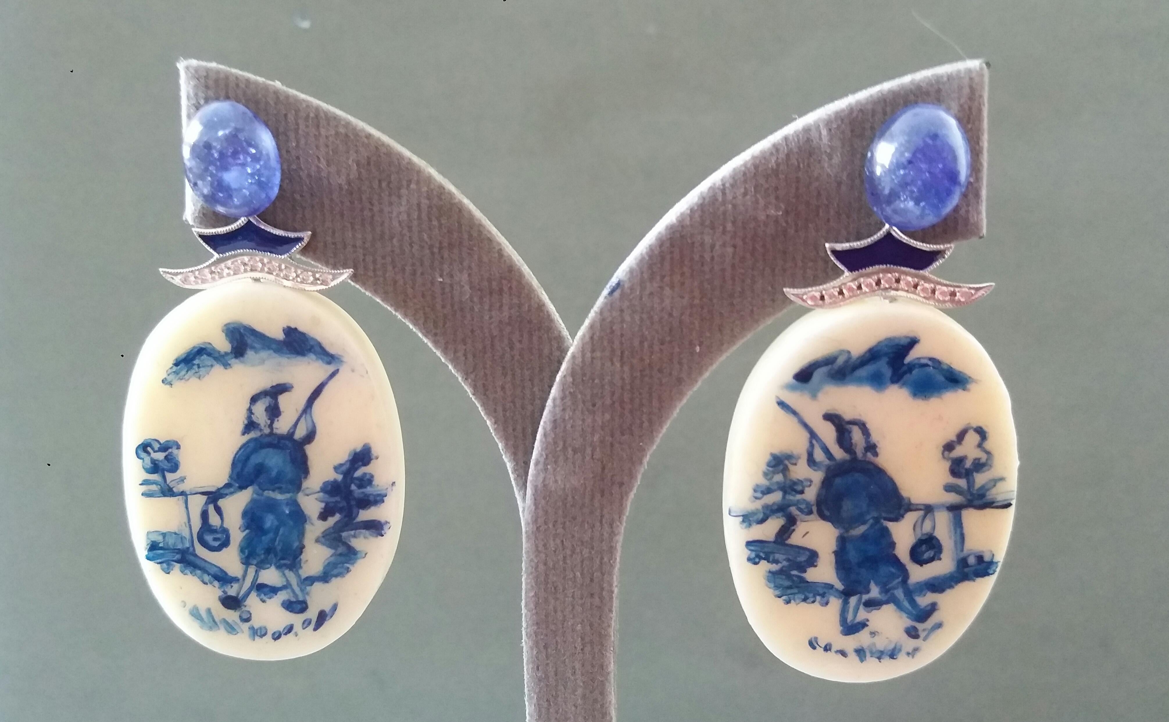 Vintage Chinese Hand Painted Cow Bones Gold Diamonds Sapphires Enamel Earrings For Sale 2