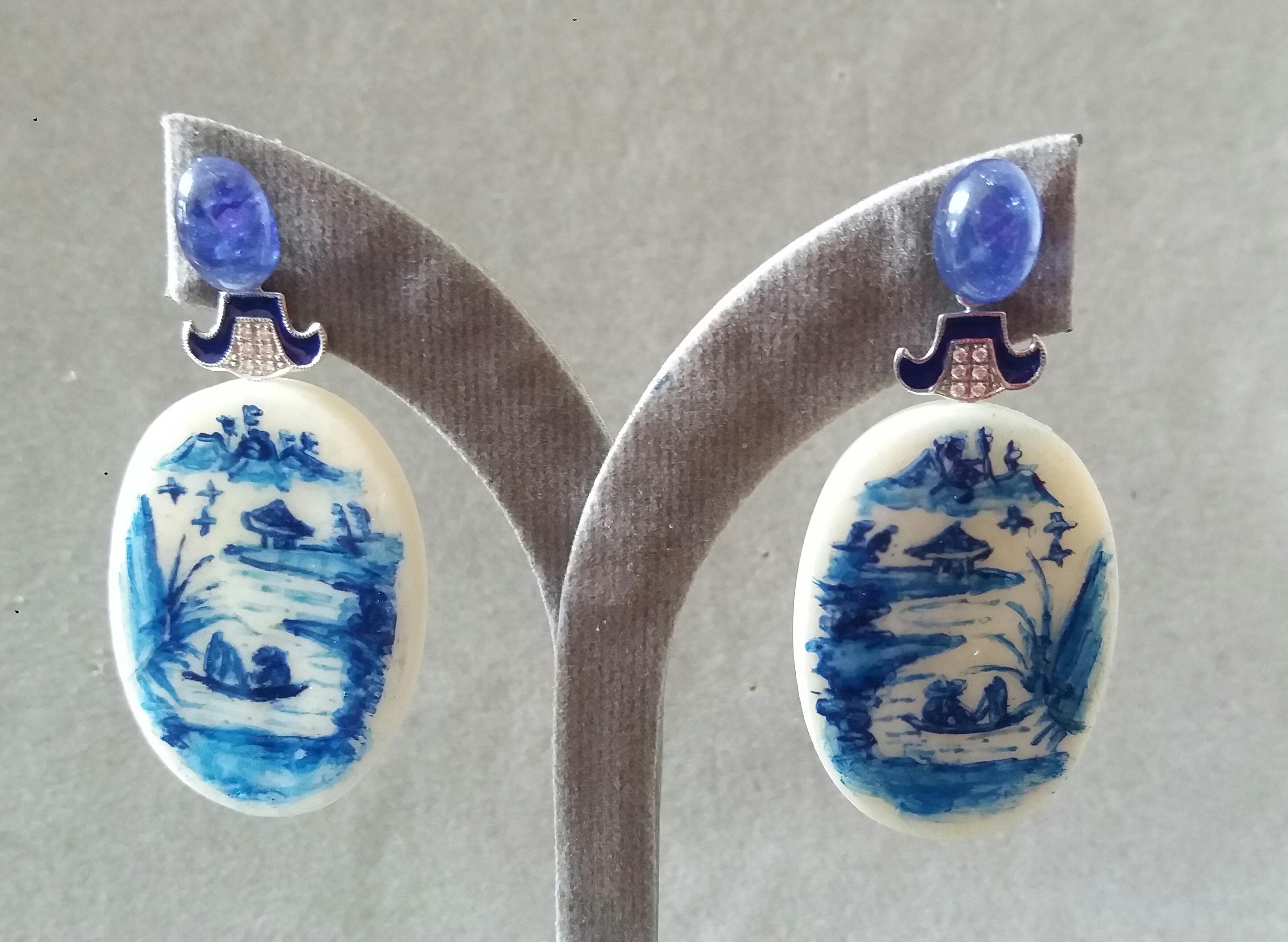 Vintage Chinese Hand Painted Cow Bones Gold Diamonds Sapphires Enamel Earrings For Sale 1