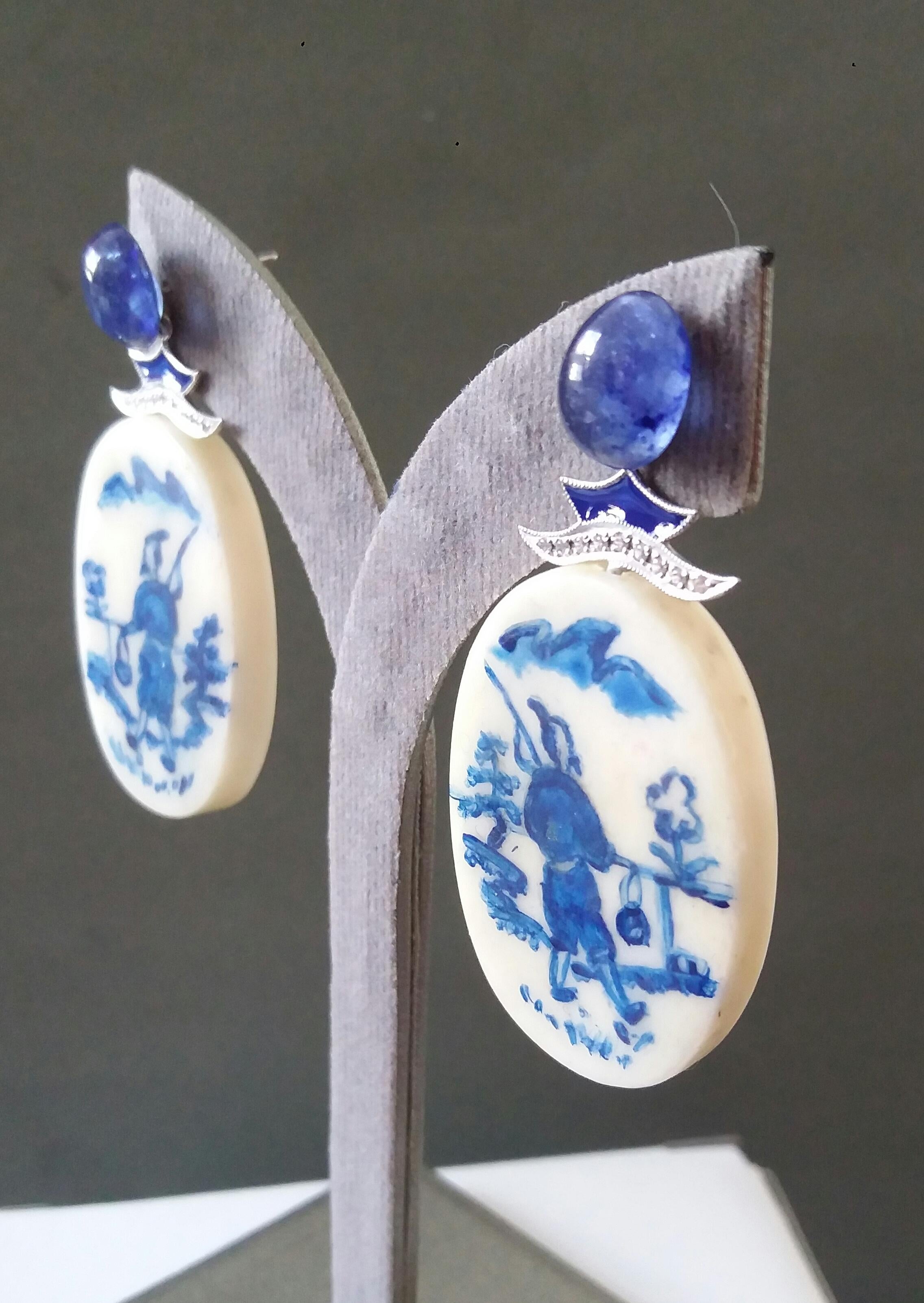 Vintage Chinese Hand Painted Cow Bones Gold Diamonds Sapphires Enamel Earrings For Sale 3