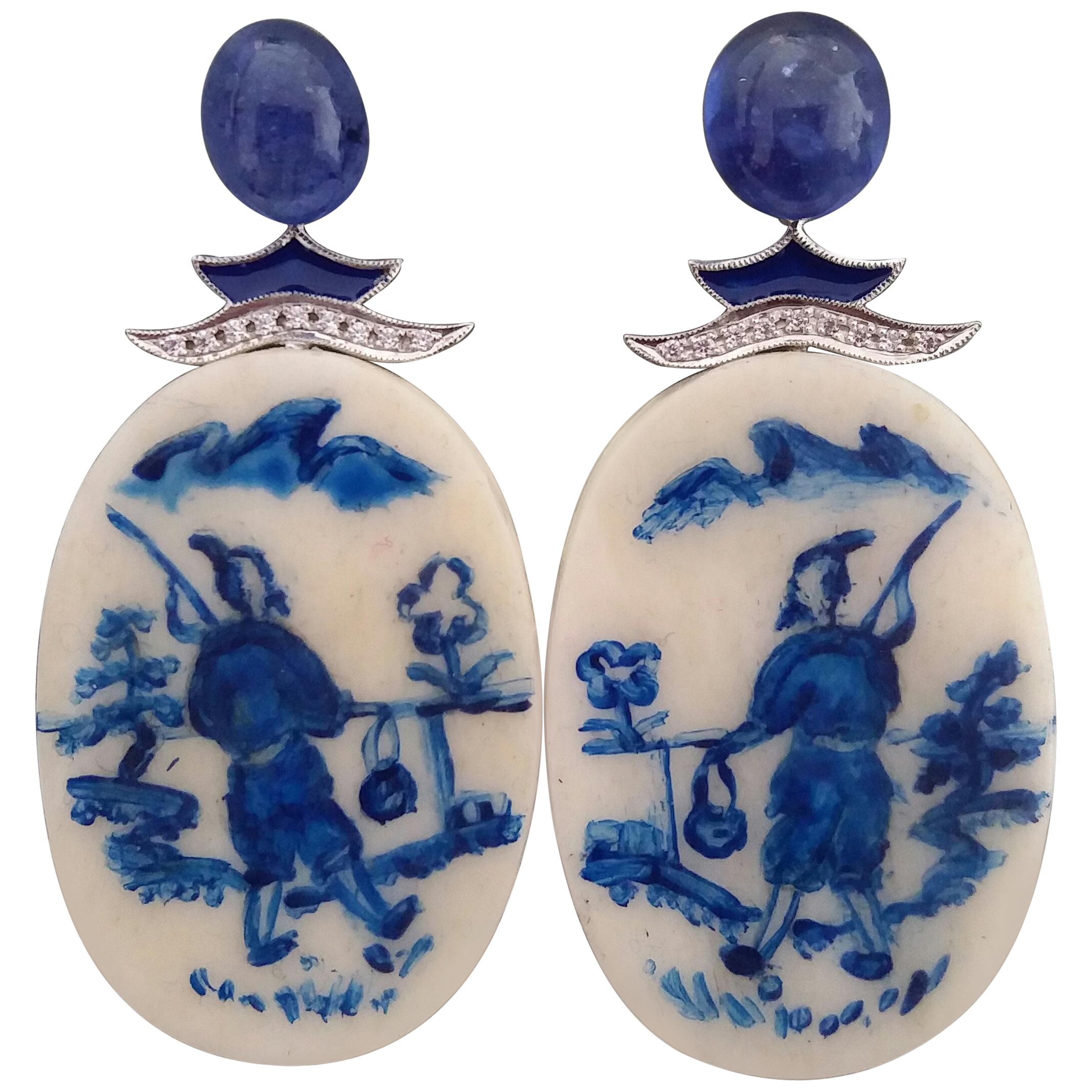 Vintage Chinese Hand Painted Cow Bones Gold Diamonds Sapphires Enamel Earrings For Sale