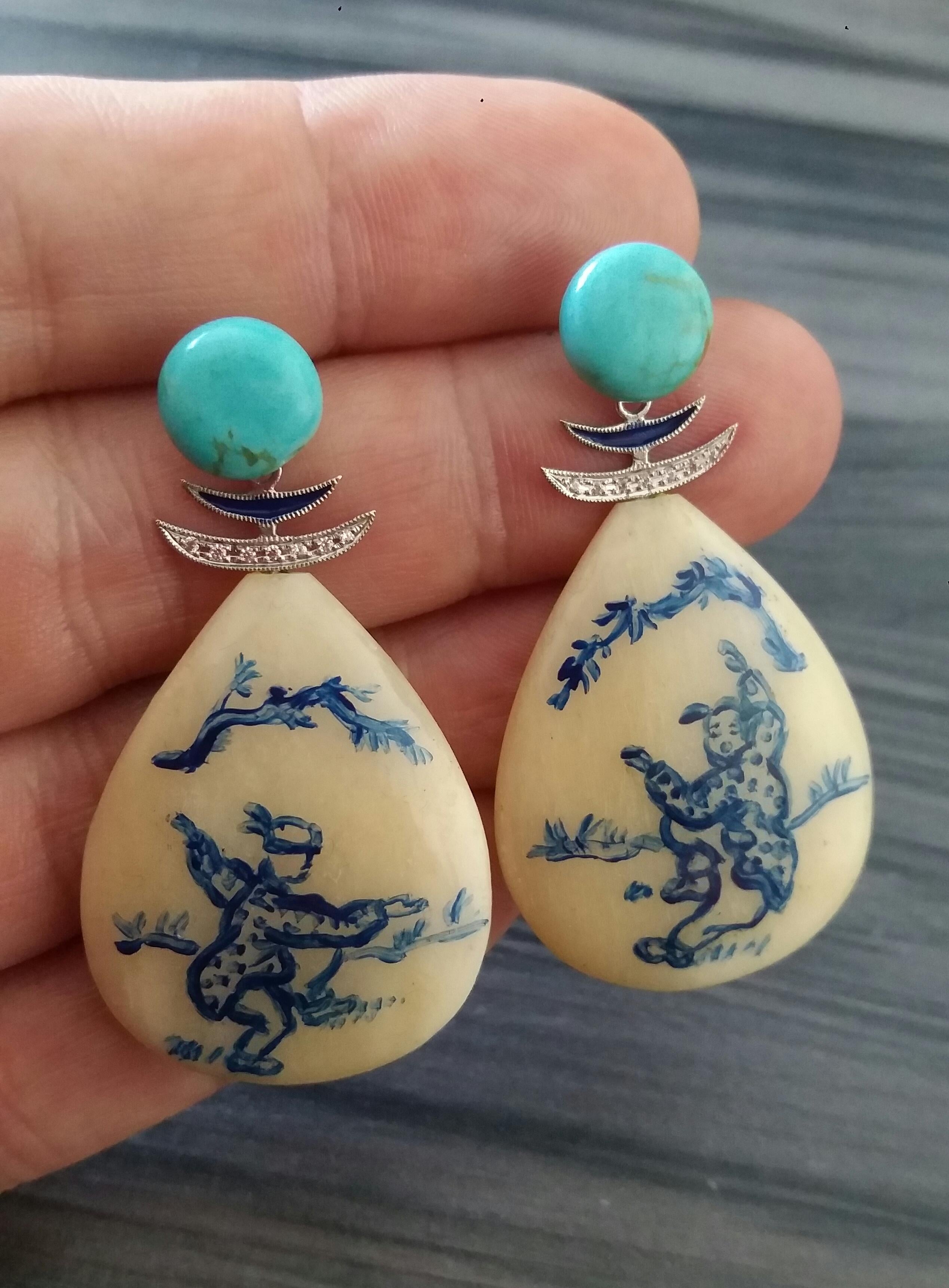 Vintage Chinese Hand Painted Cow Bones Gold Diamonds Turquoise Enamel Earrings For Sale 2