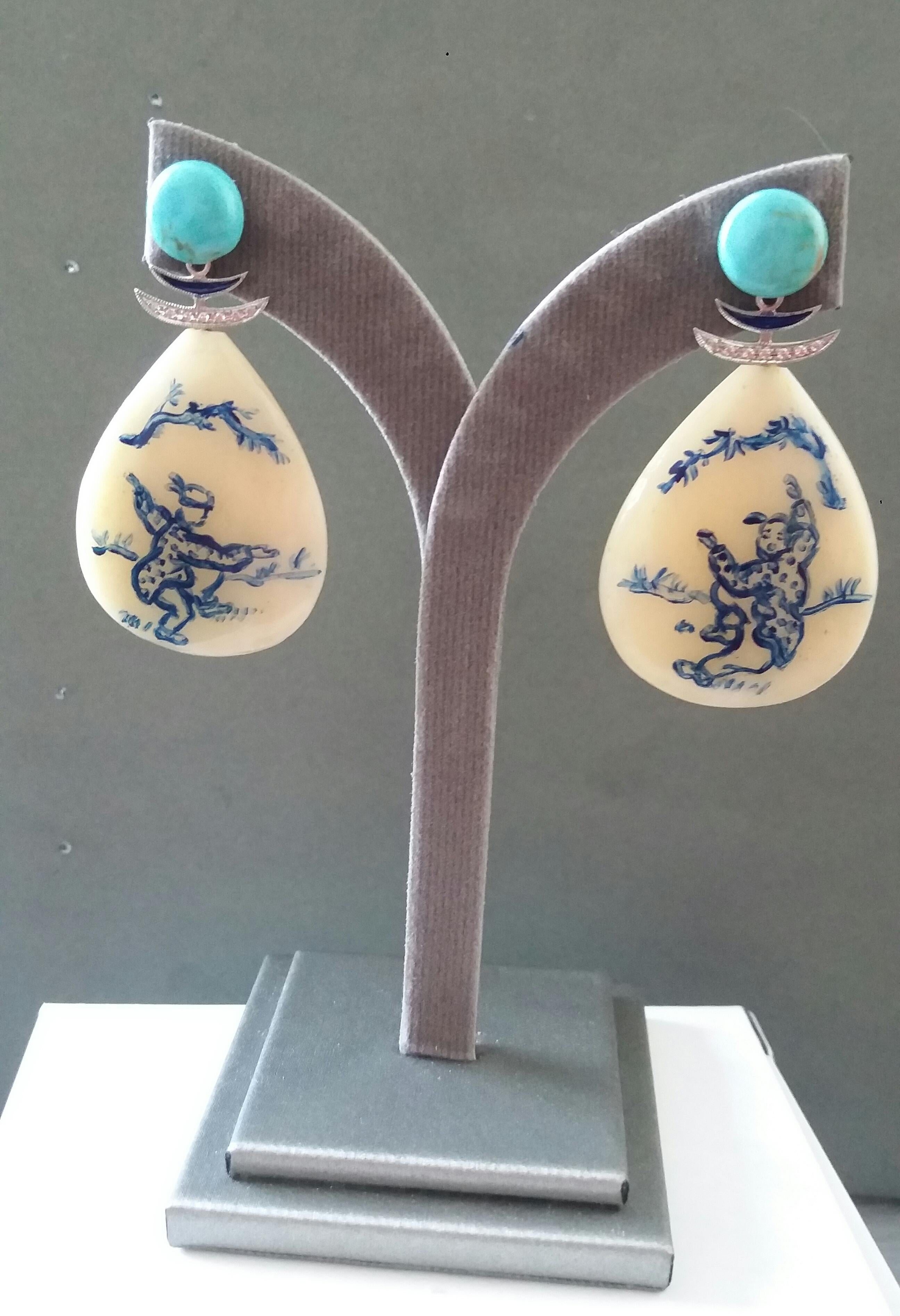 Women's Vintage Chinese Hand Painted Cow Bones Gold Diamonds Turquoise Enamel Earrings For Sale