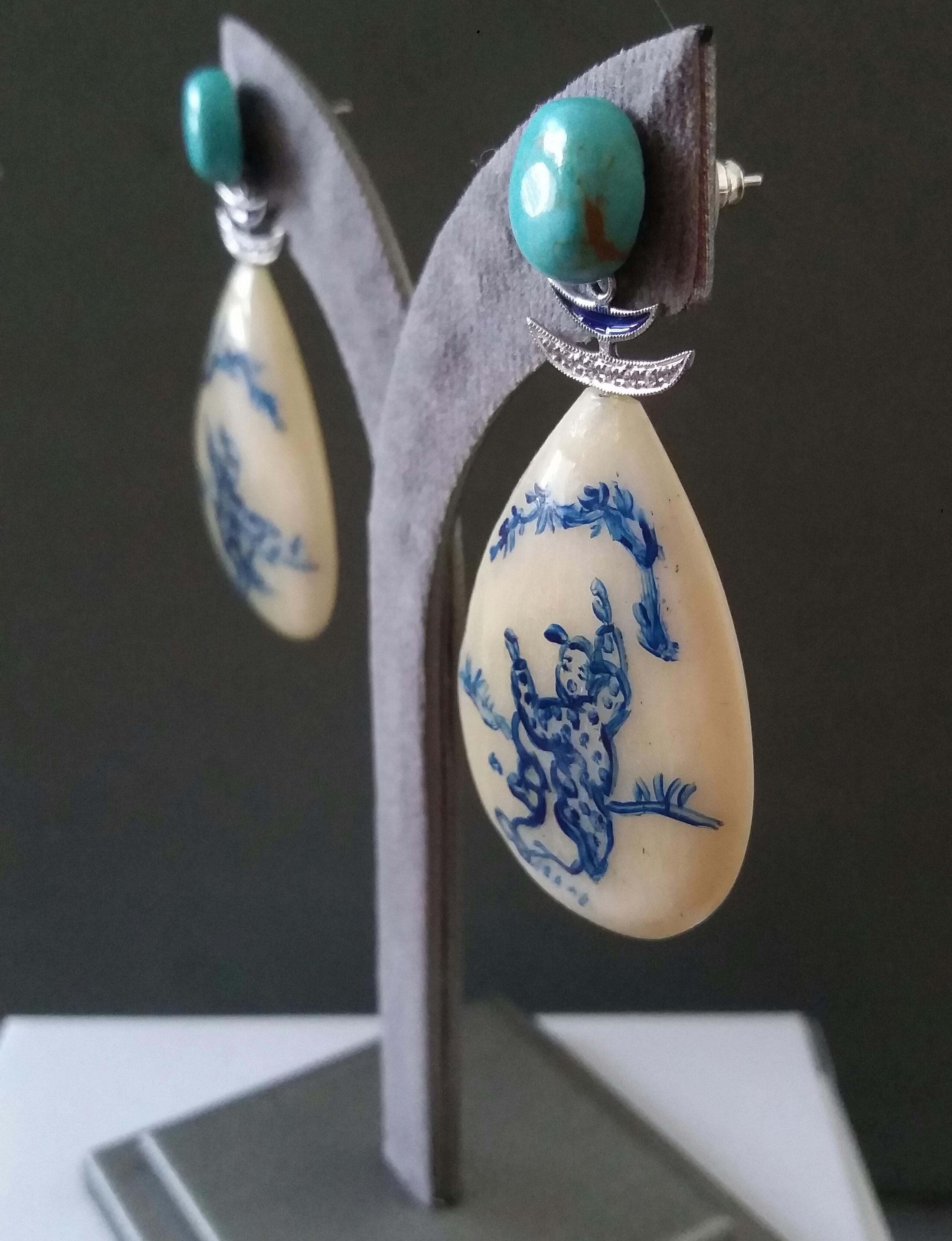 Vintage Chinese Hand Painted Cow Bones Gold Diamonds Turquoise Enamel Earrings For Sale 1