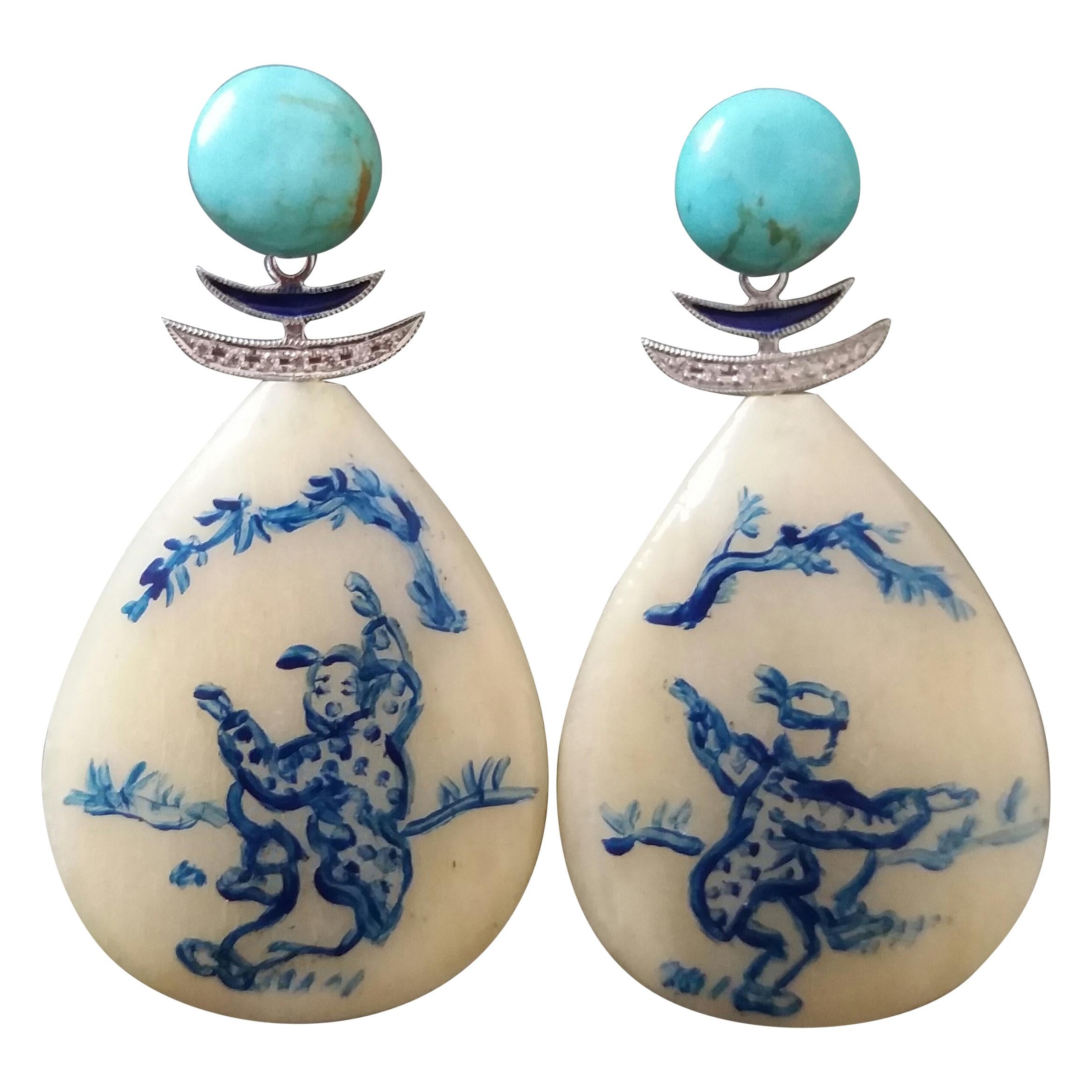 Vintage Chinese Hand Painted Cow Bones Gold Diamonds Turquoise Enamel Earrings For Sale