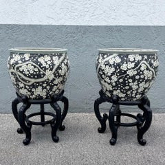 Vintage Chinese Hand Painted Floor Vases/Fish Bowls on Wooden Stands - A Pair