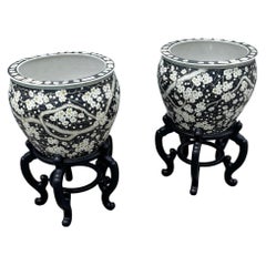 Vintage Chinese Hand Painted Floor Vases/Fish Bowls on Wooden Stands - A Pair