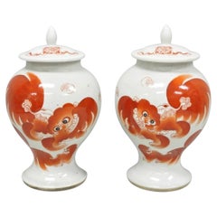 Vintage Chinese Hand Painted Foo Dog Porcelain Covered Ginger Jar - a Pair
