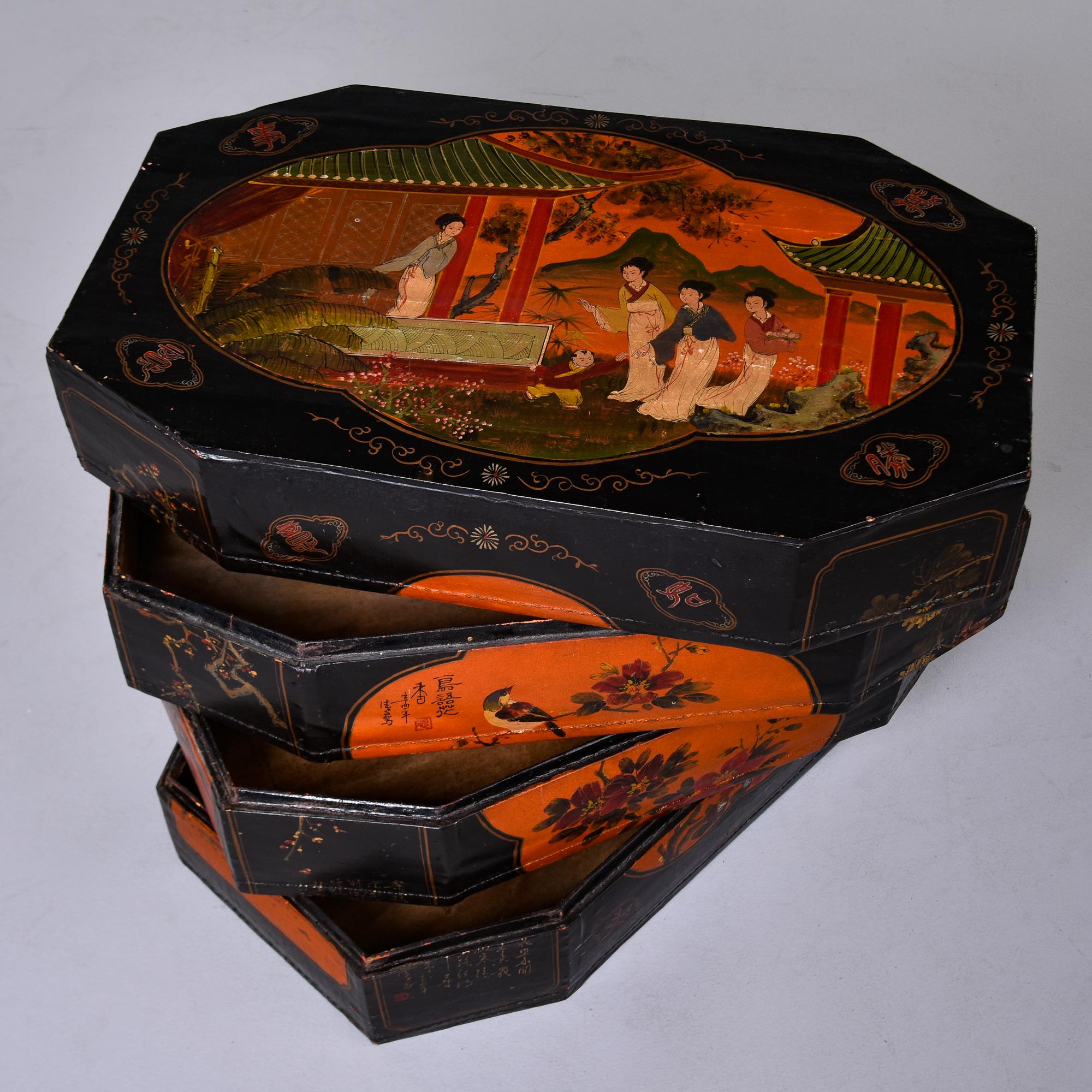 Vintage Chinese Hand Painted Four Section Stacked Box  5