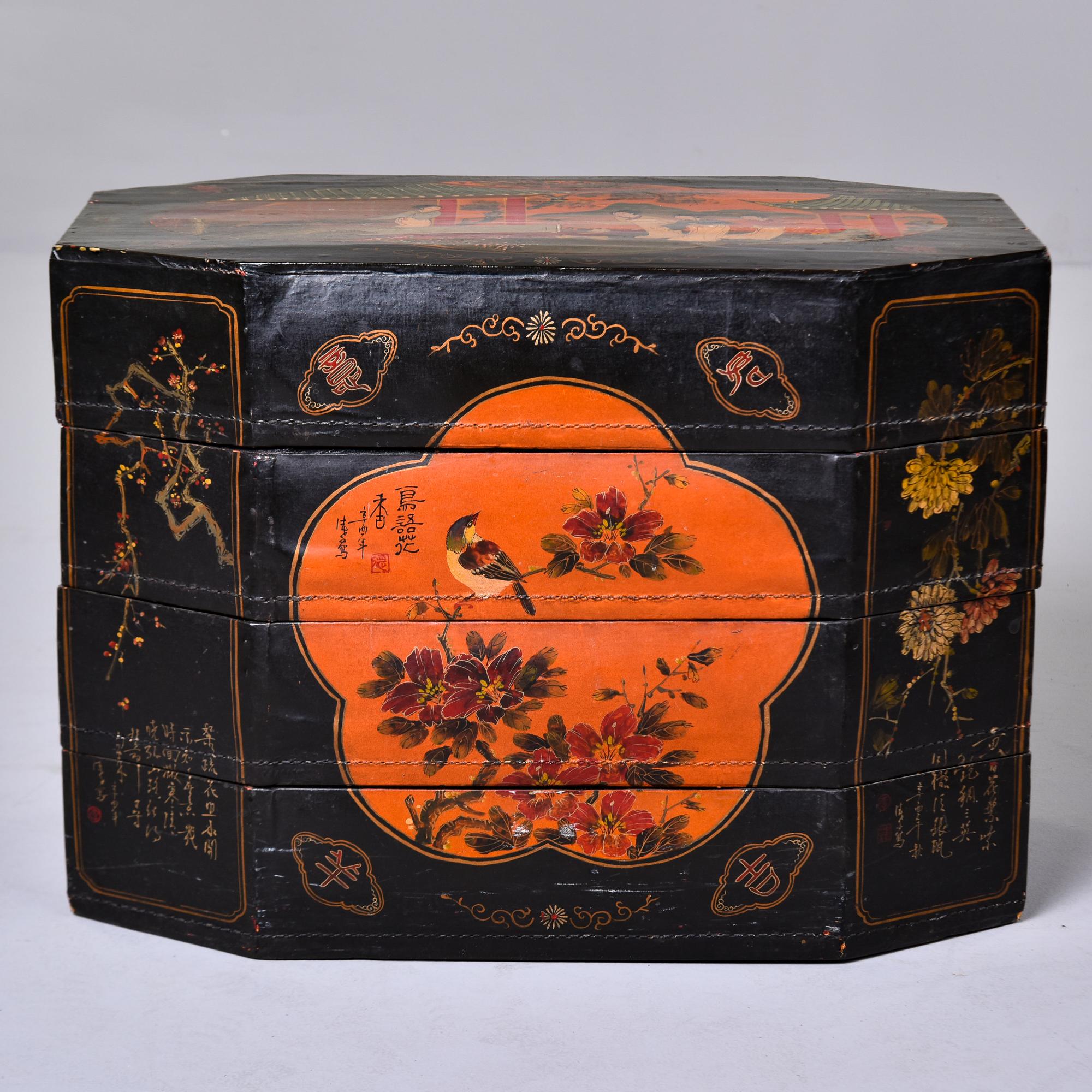 Chinese Export Vintage Chinese Hand Painted Four Section Stacked Box 