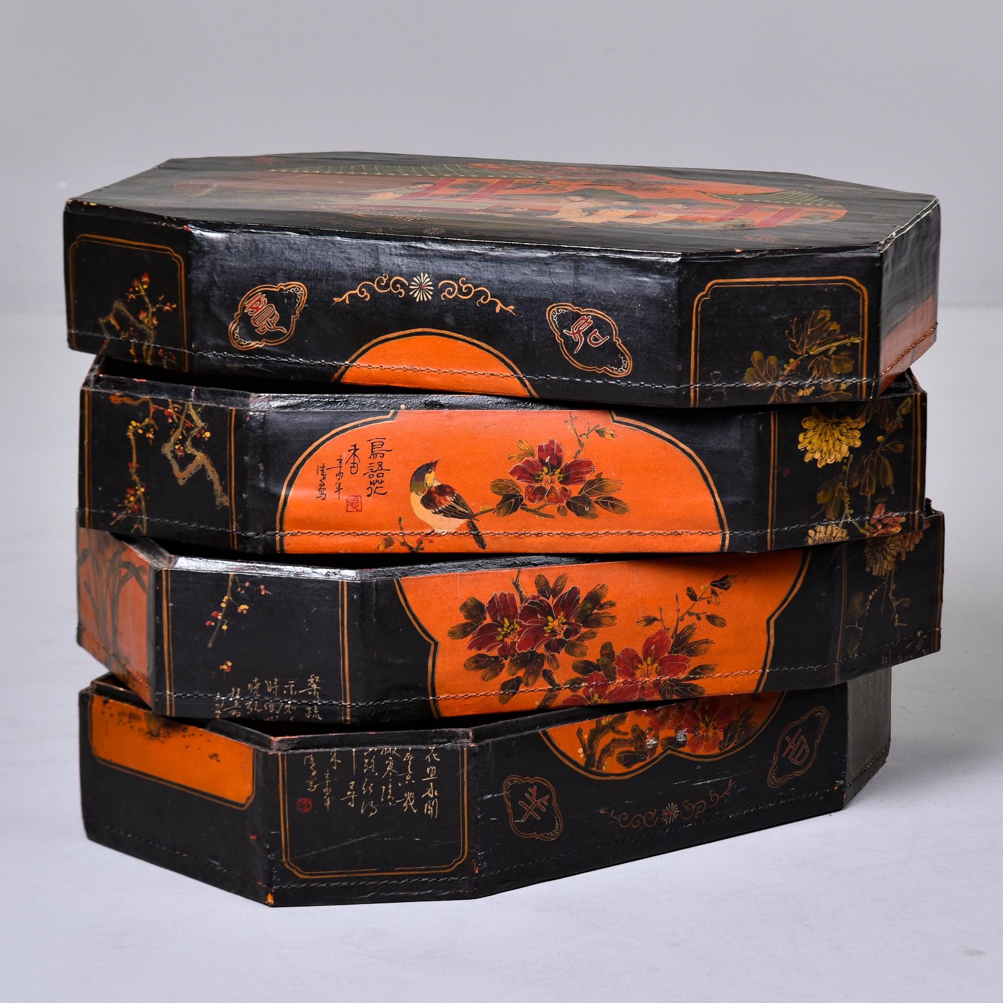 Vintage Chinese Hand Painted Four Section Stacked Box  In Good Condition In Troy, MI