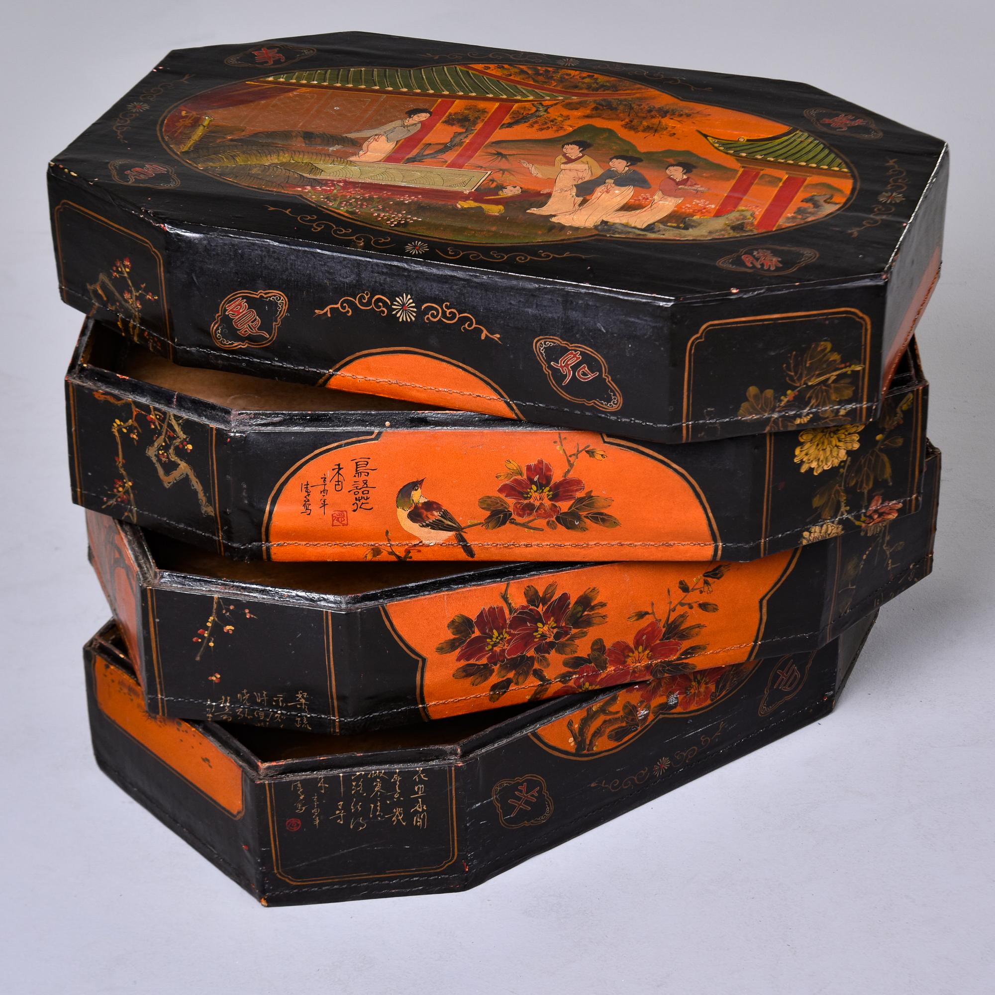 Canvas Vintage Chinese Hand Painted Four Section Stacked Box 