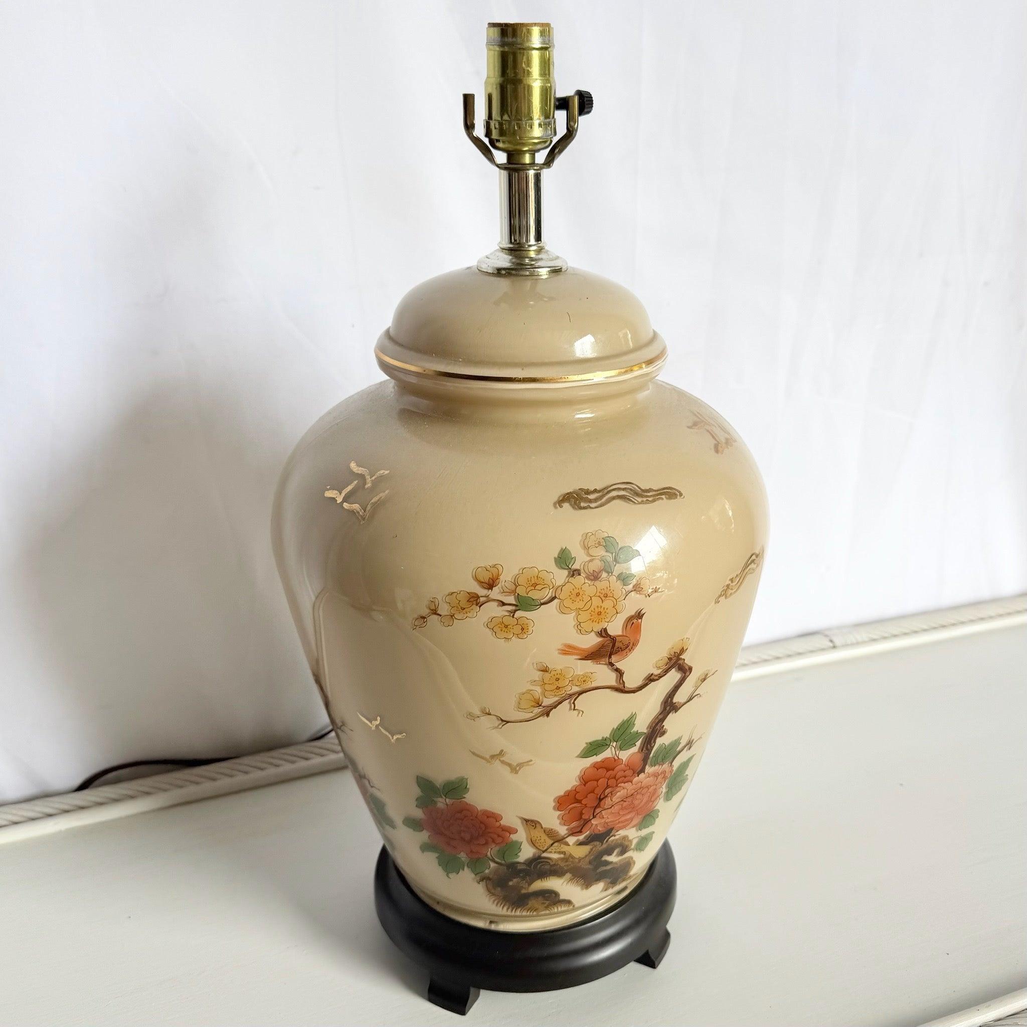 Vintage Chinese Hand Painted Glass Lamp with birds and blossoms on cream glass, wooden base—serene craftsmanship perfect for coastal or cottage interiors.
 

 We sell items as acquired, without restoring or repairing. Vintage pieces may have