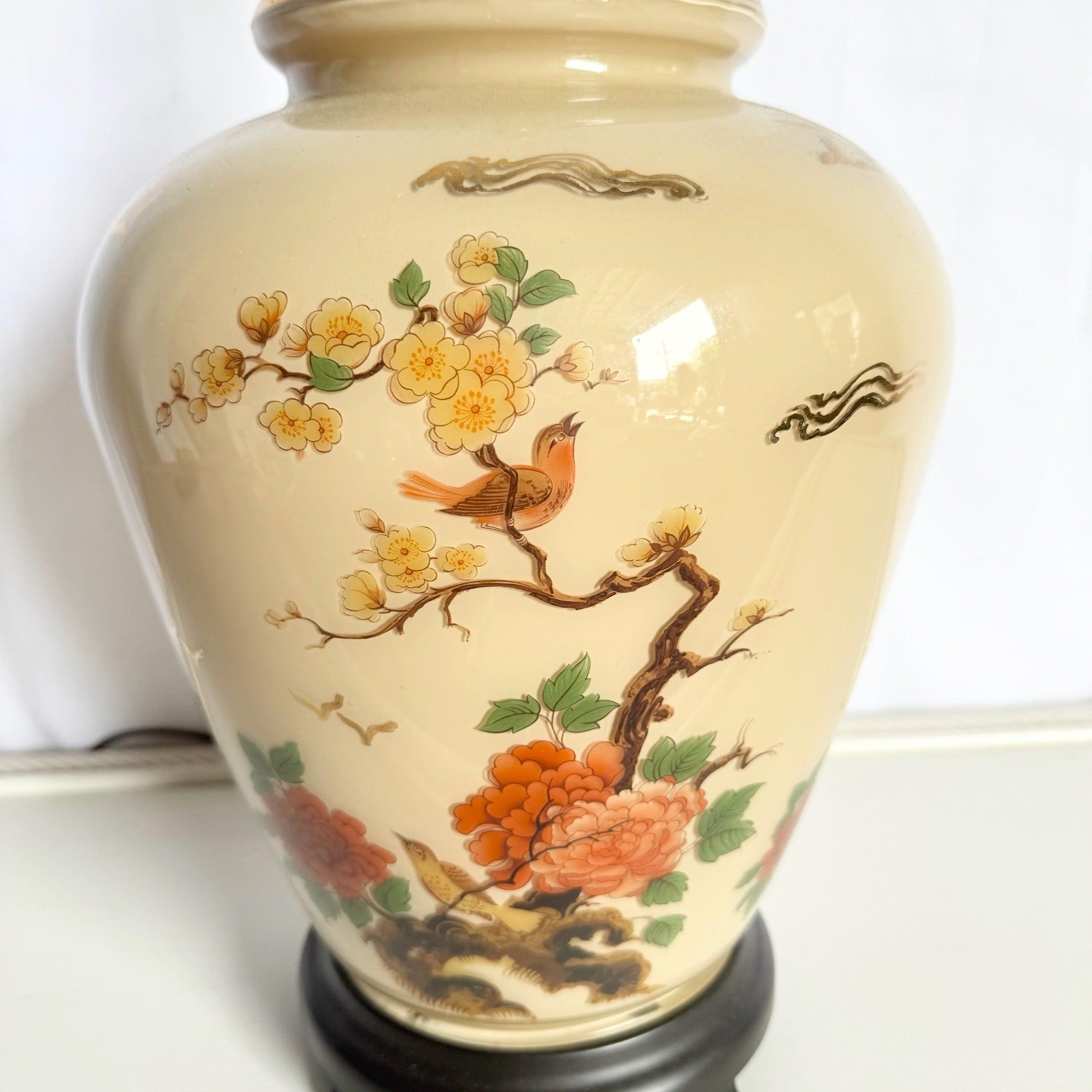 20th Century Vintage Chinese Hand Painted Glass Table Lamp With Wooden Base For Sale