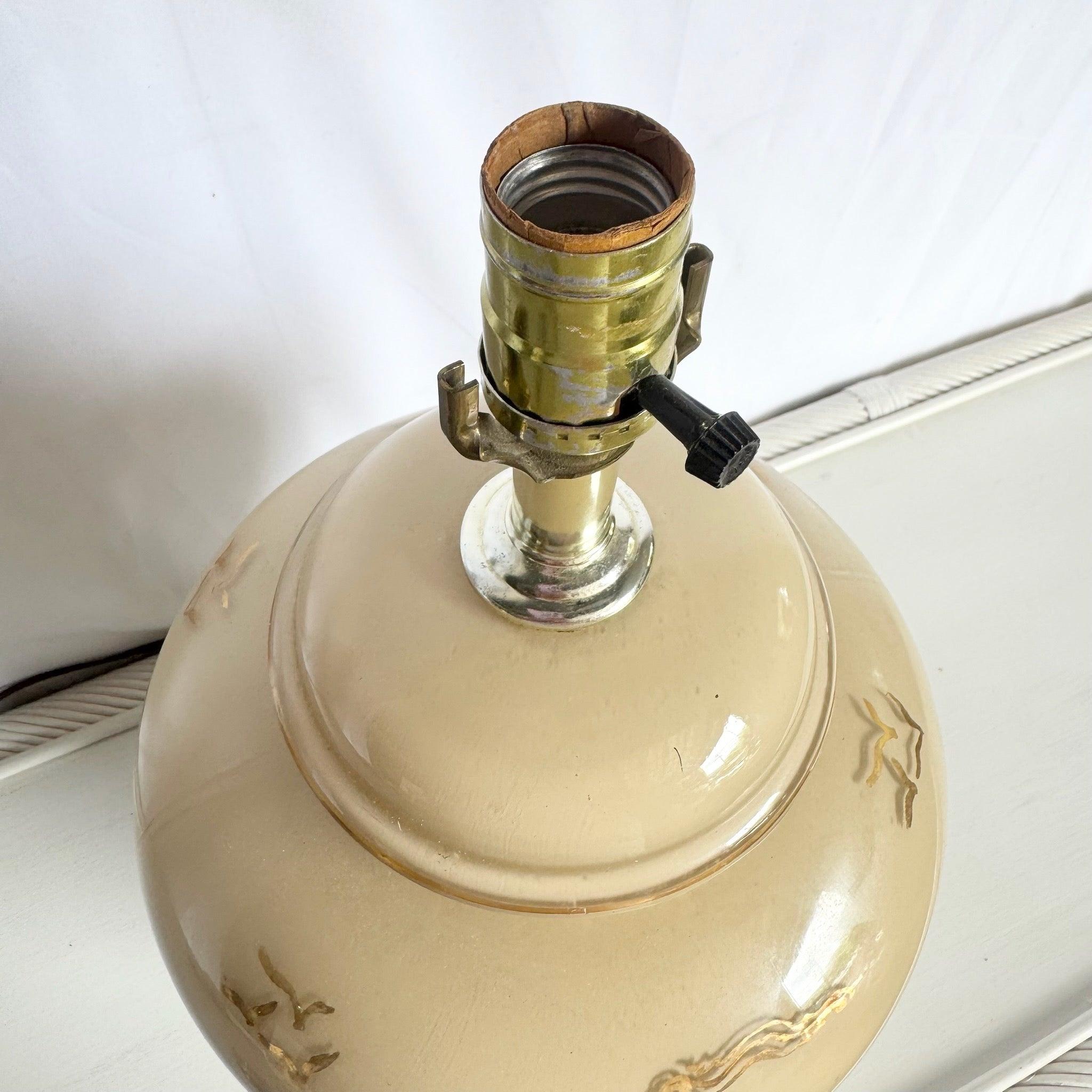 Vintage Chinese Hand Painted Glass Table Lamp With Wooden Base For Sale 2