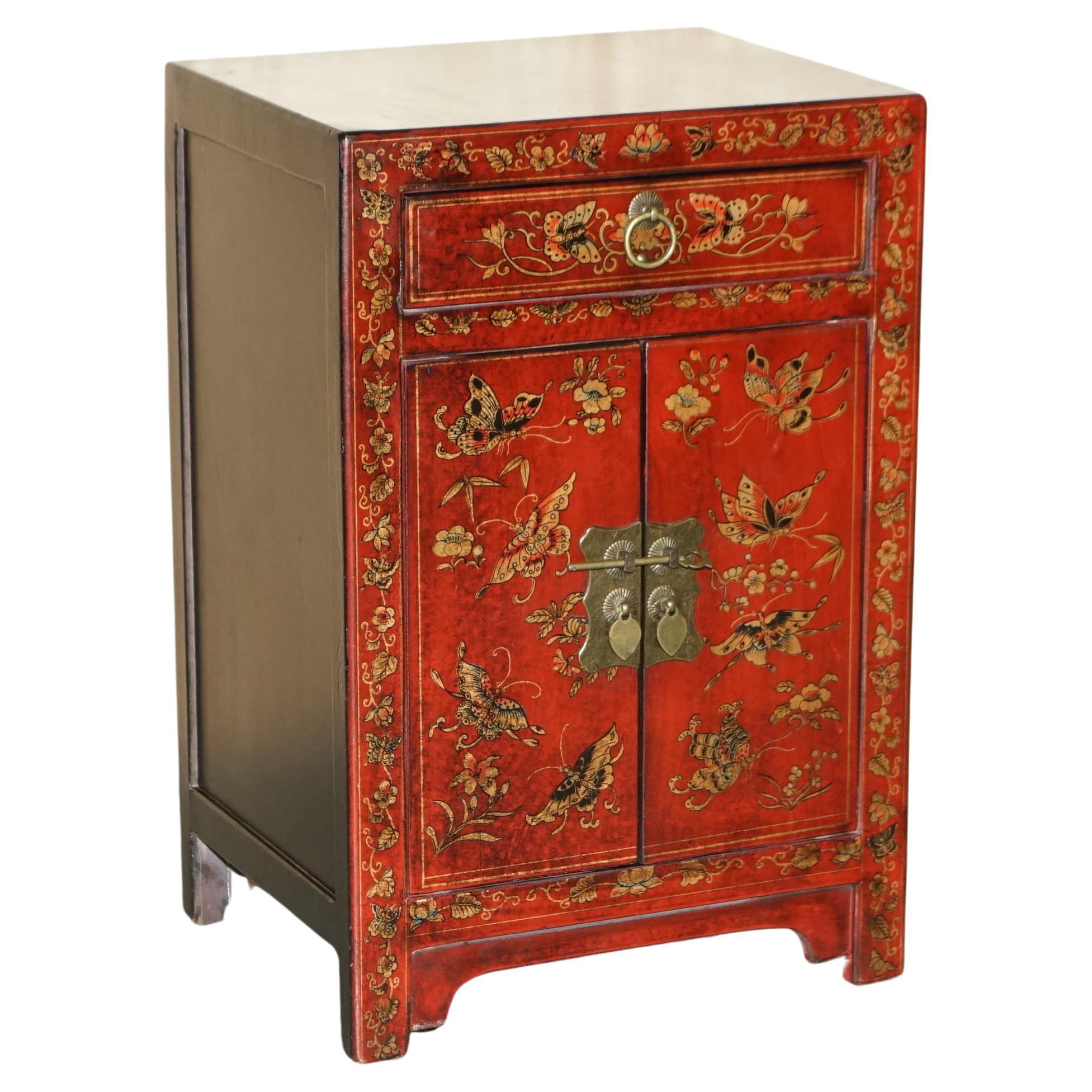 Vintage Chinese Hand Painted Lacquered Side Table Sized Cupboard with Drawer For Sale