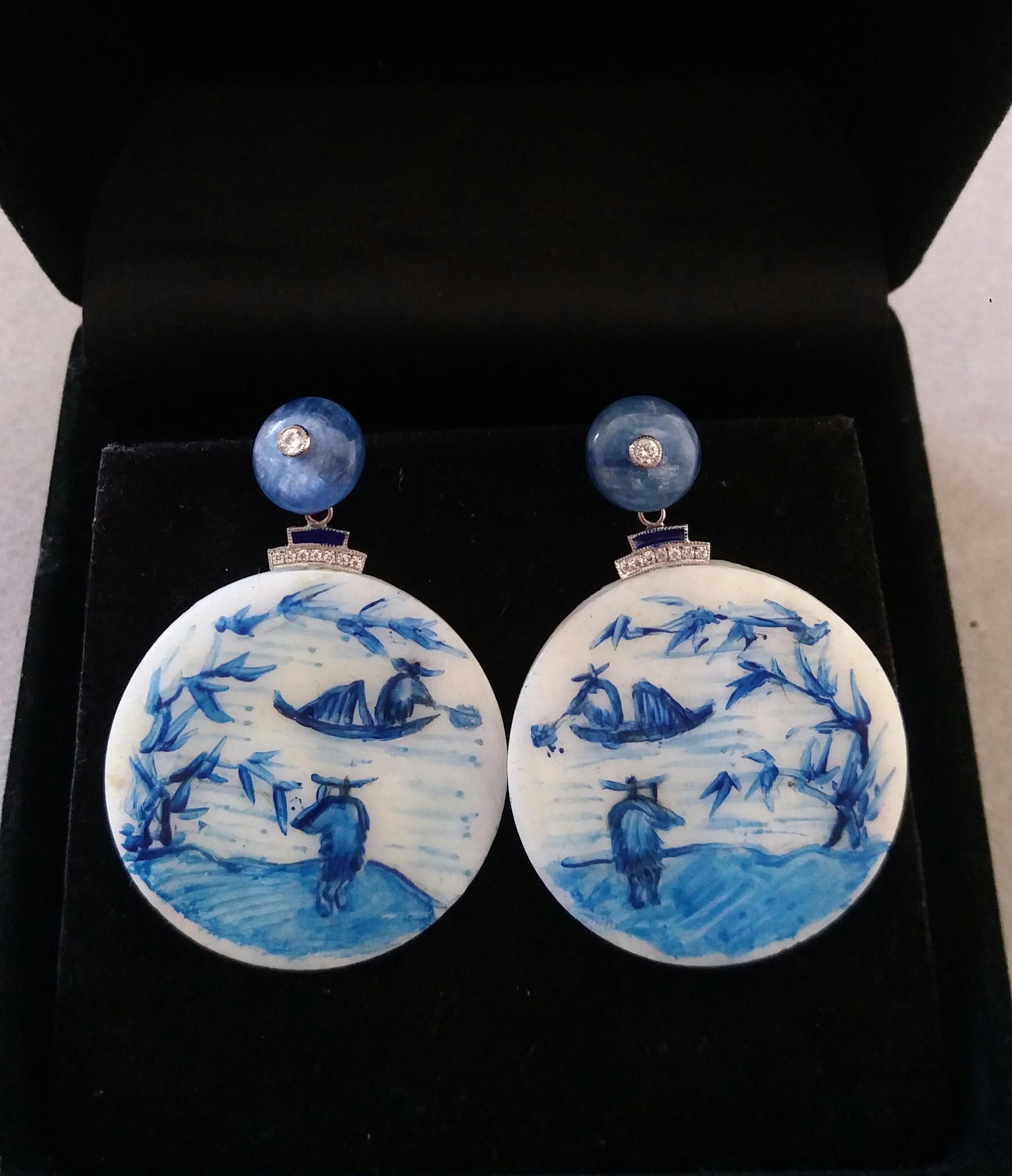 Mixed Cut Vintage Chinese Hand Painted Mother of Pearl Gold Diamonds Kyanite Earrings For Sale