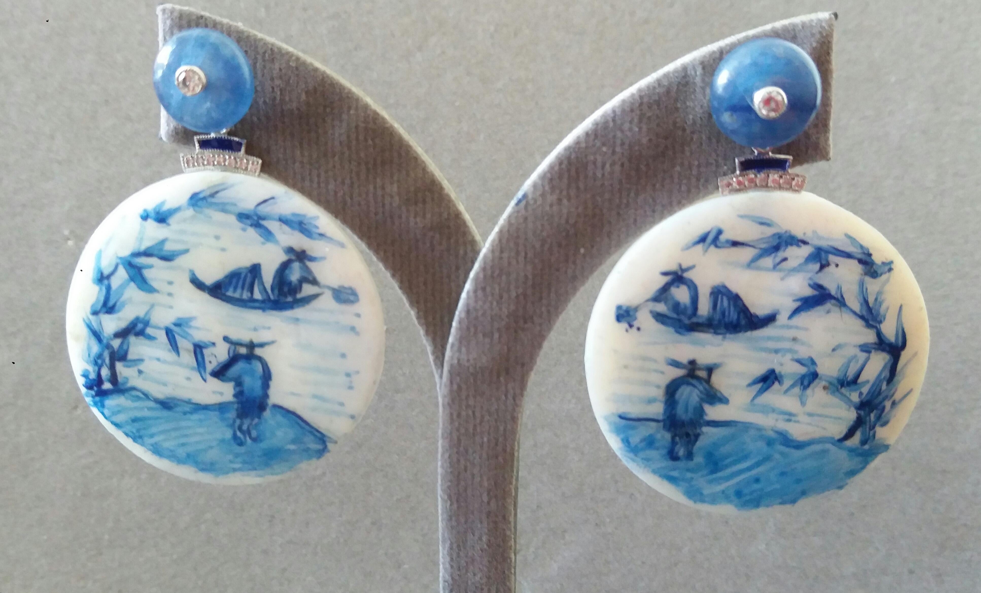 Women's Vintage Chinese Hand Painted Mother of Pearl Gold Diamonds Kyanite Earrings For Sale