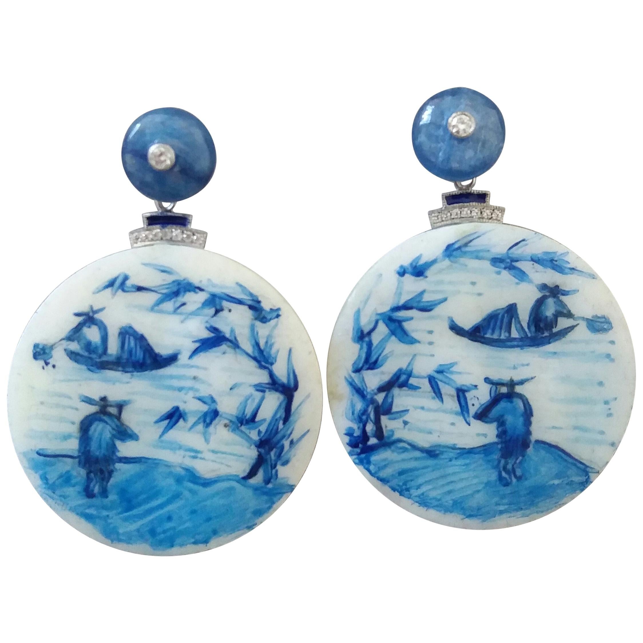 Vintage Chinese Hand Painted Mother of Pearl Gold Diamonds Kyanite Earrings For Sale