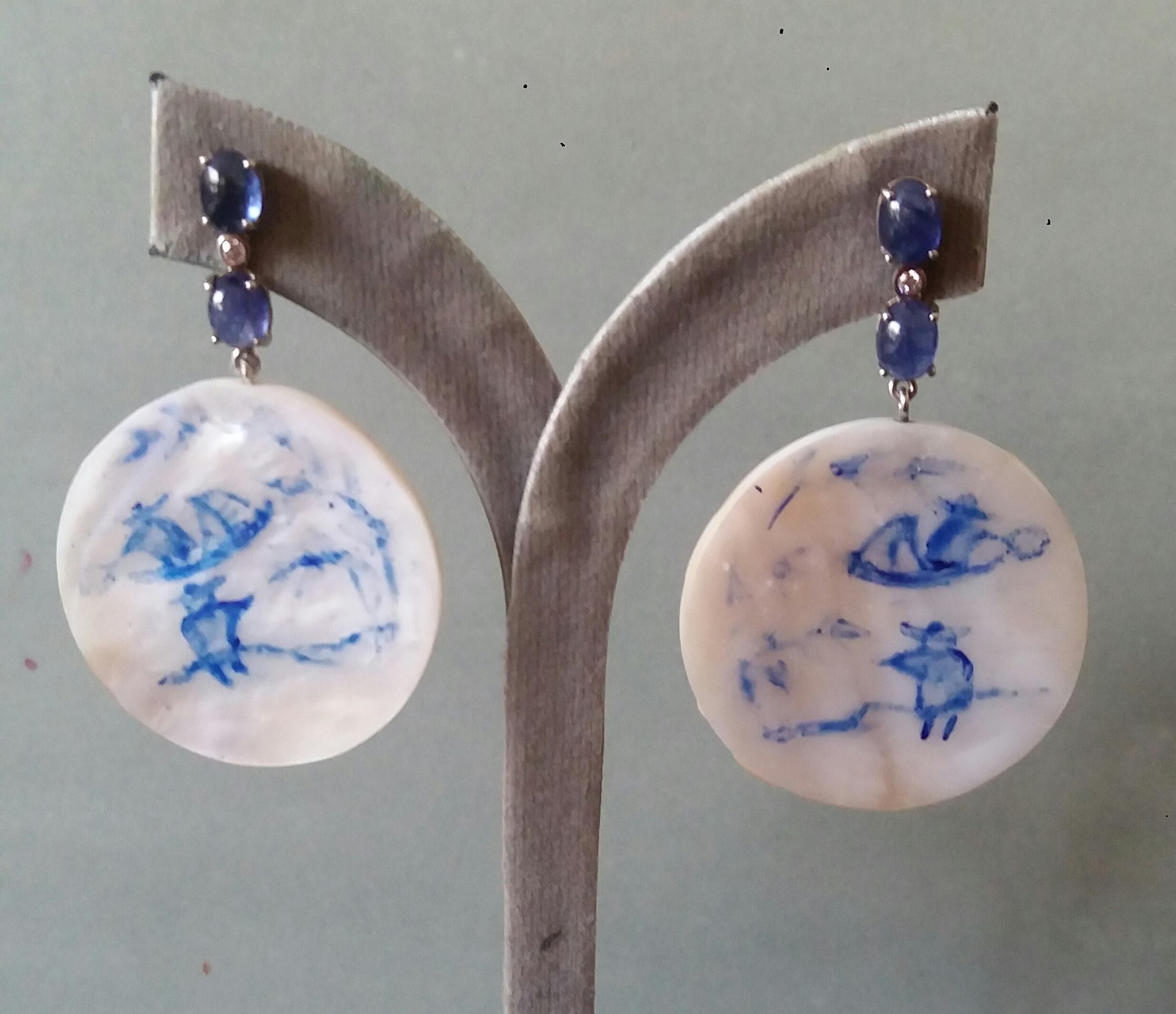 Vintage Chinese Hand Painted Motherofpearl Gold Diamonds Blue Sapphires Earrings For Sale 4