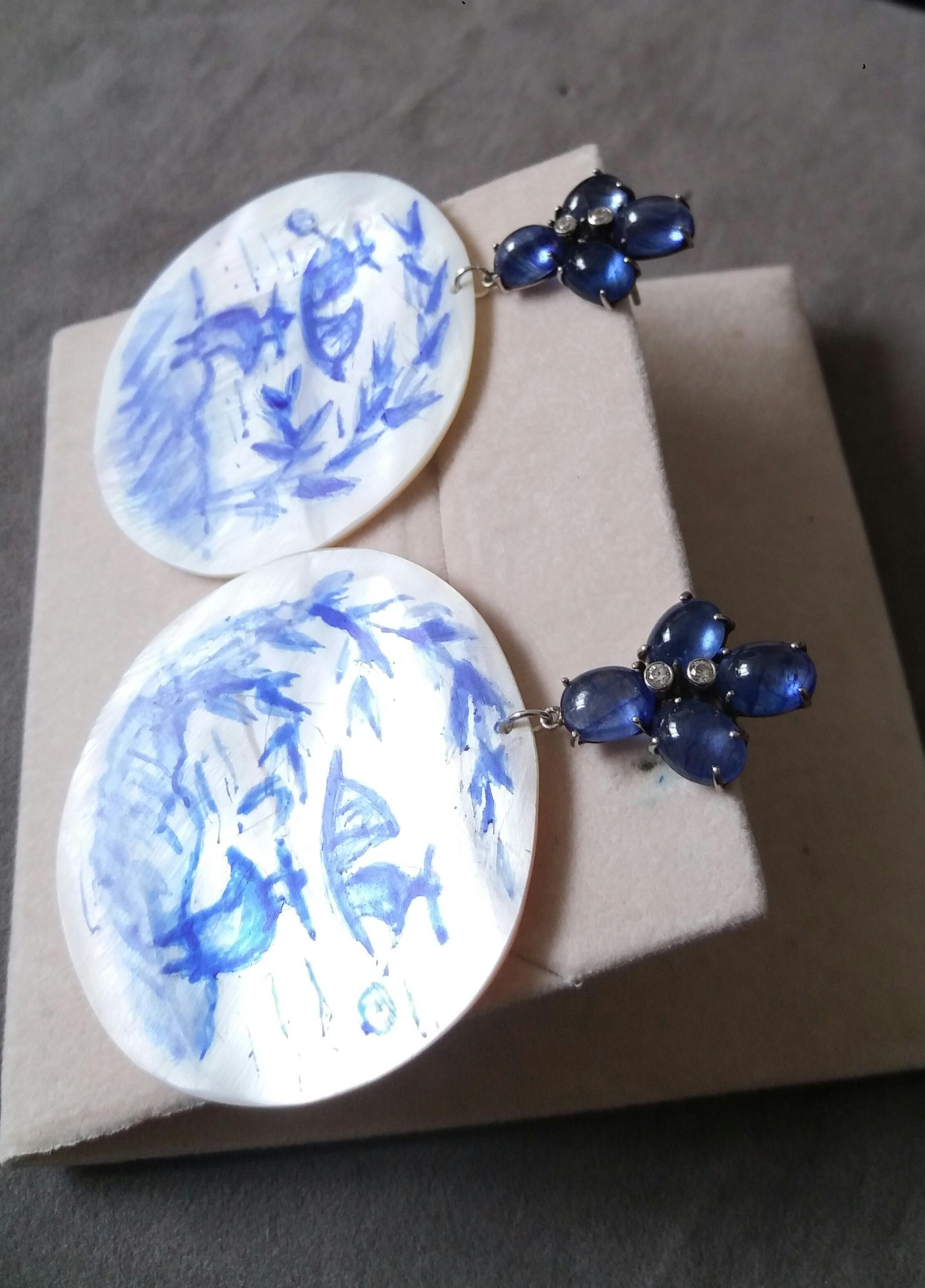 Vintage Chinese Hand Painted MotherofPearl Gold Diamonds Blue Sapphires Earrings For Sale 4