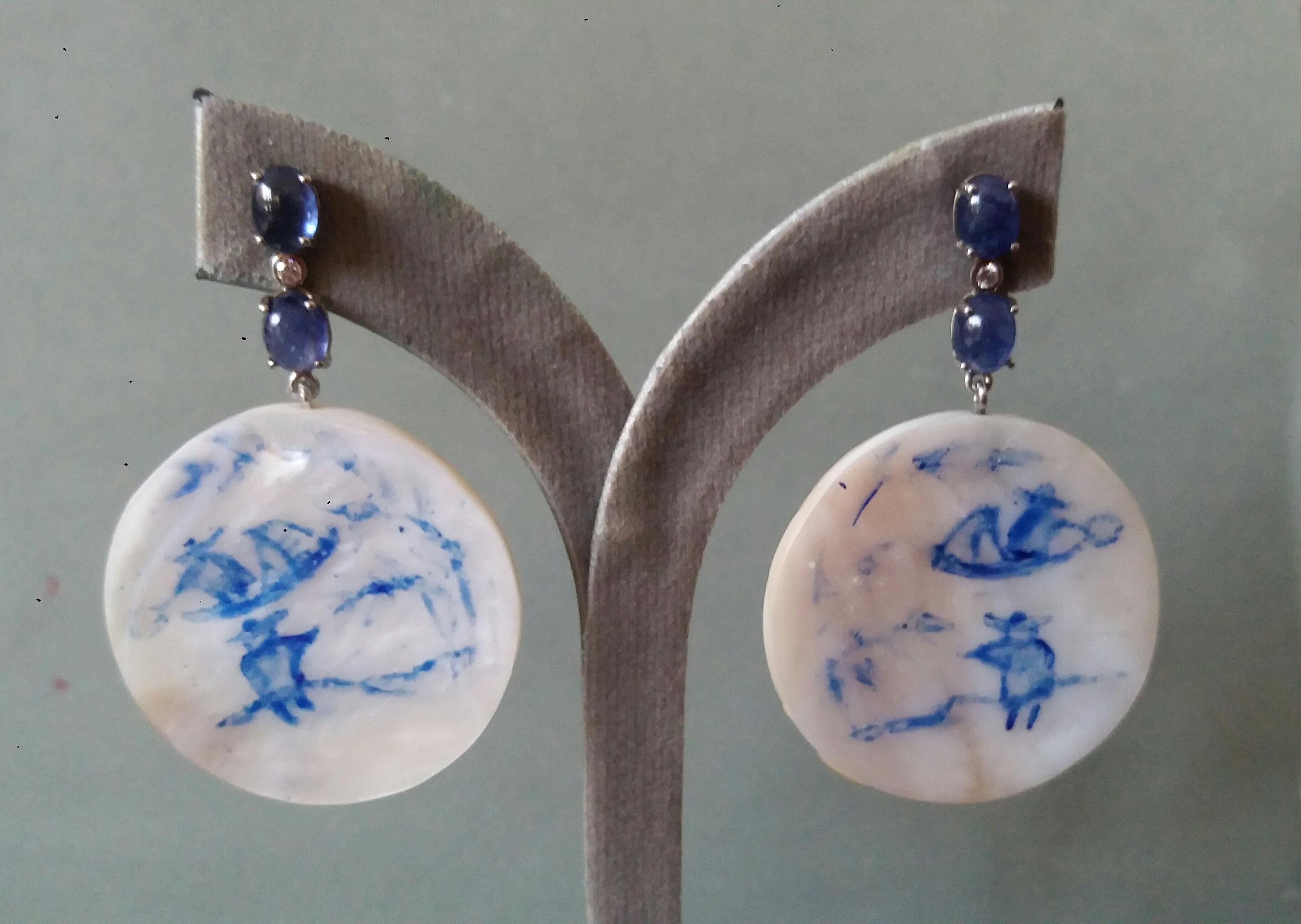 Vintage Chinese Hand Painted Motherofpearl Gold Diamonds Blue Sapphires Earrings For Sale 5