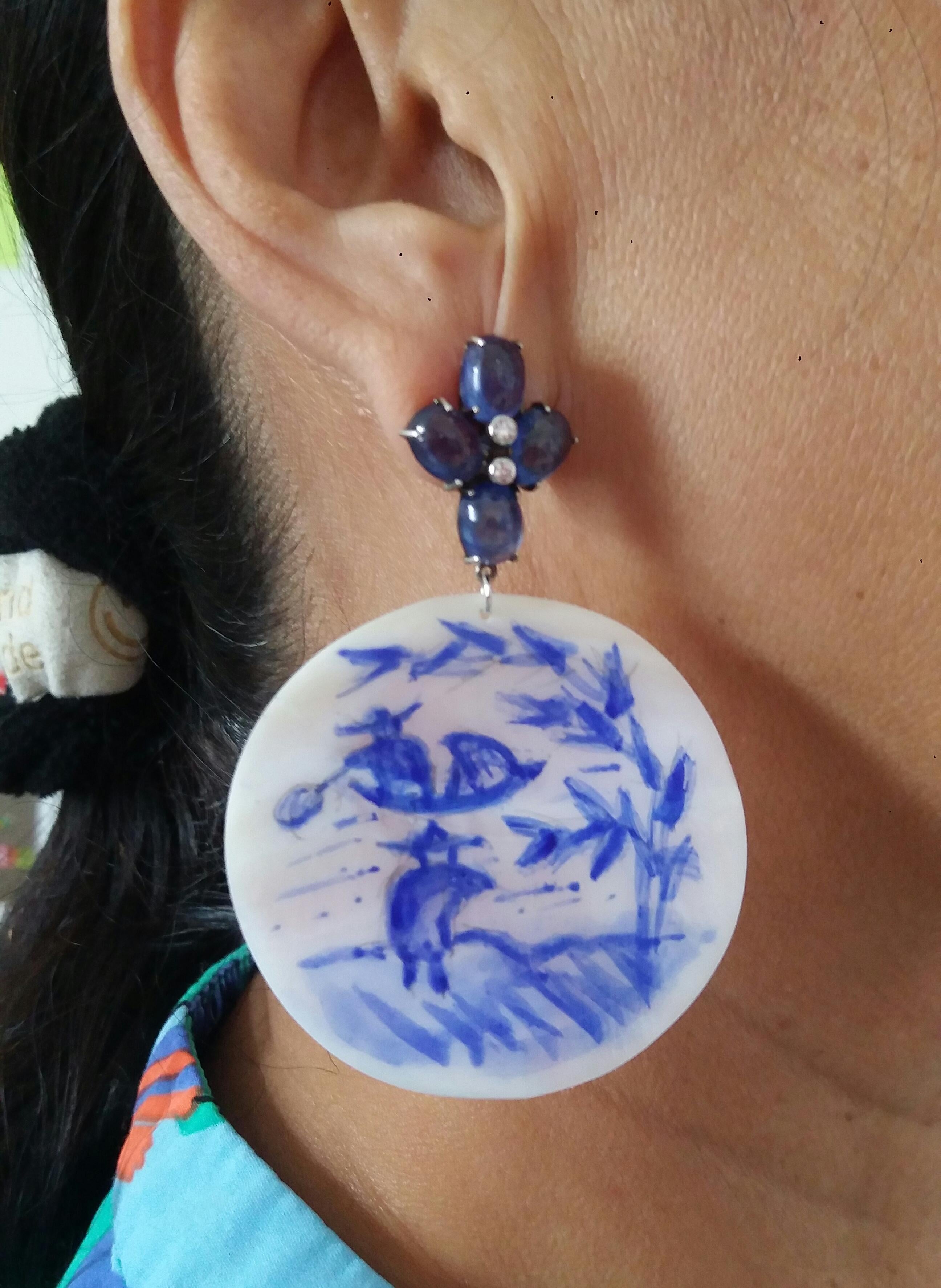 Vintage Chinese Hand Painted MotherofPearl Gold Diamonds Blue Sapphires Earrings For Sale 5