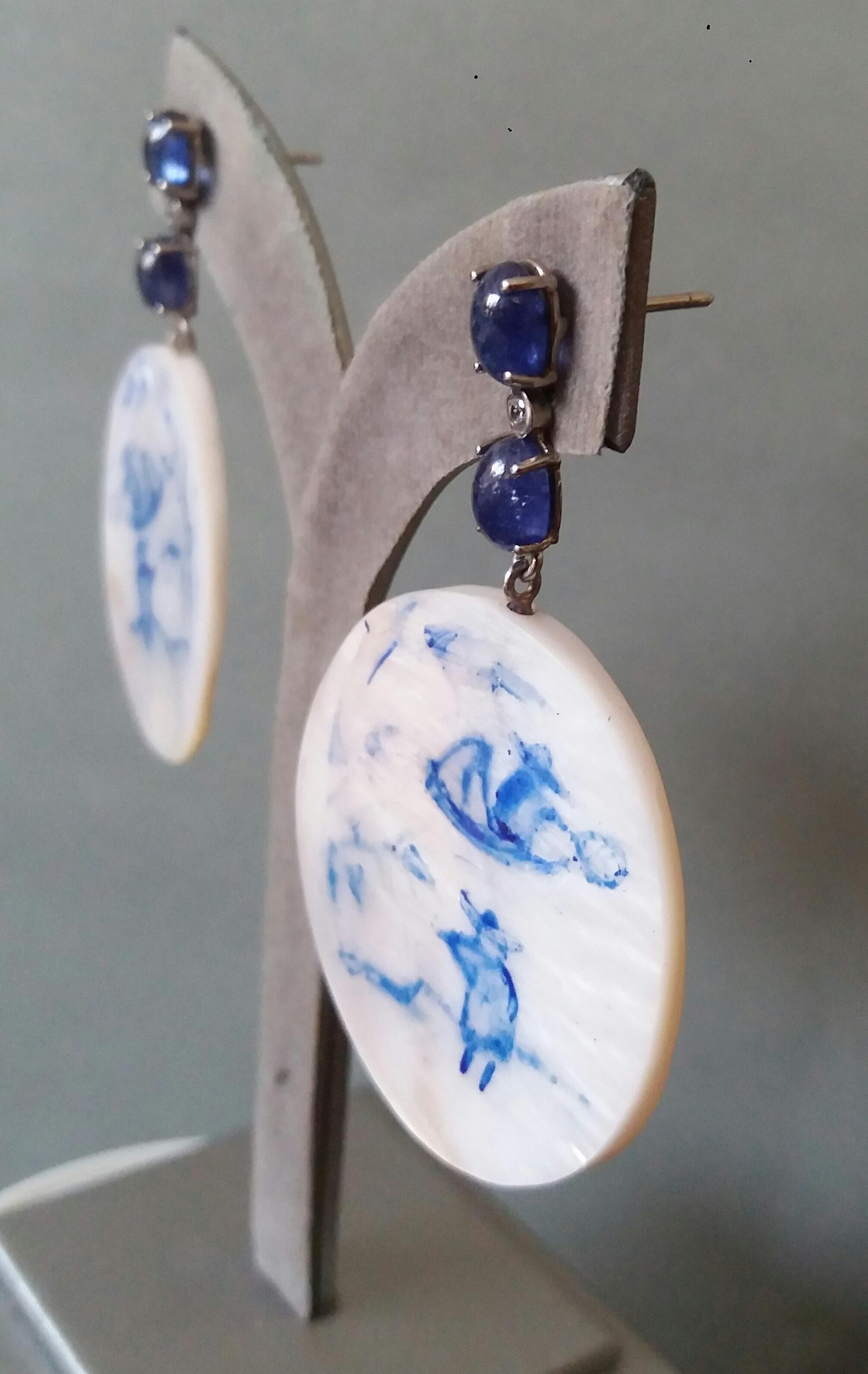 Vintage Chinese Hand Painted Motherofpearl Gold Diamonds Blue Sapphires Earrings For Sale 6
