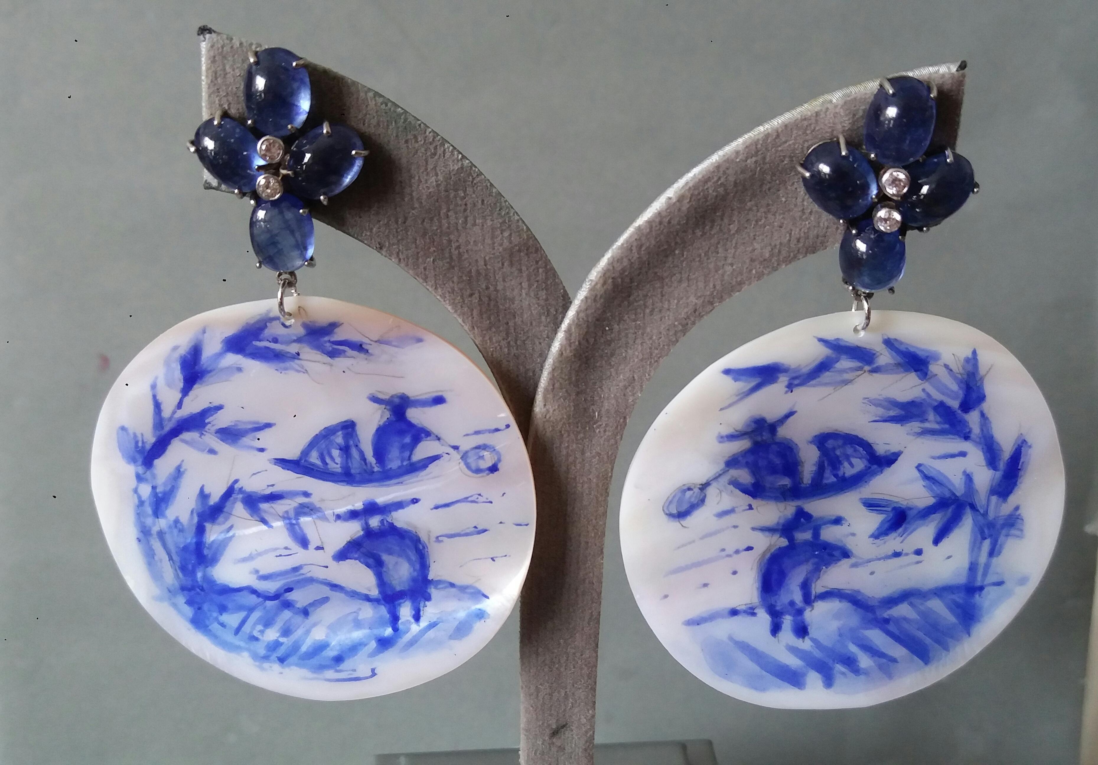 Vintage Chinese Hand Painted MotherofPearl Gold Diamonds Blue Sapphires Earrings For Sale 6