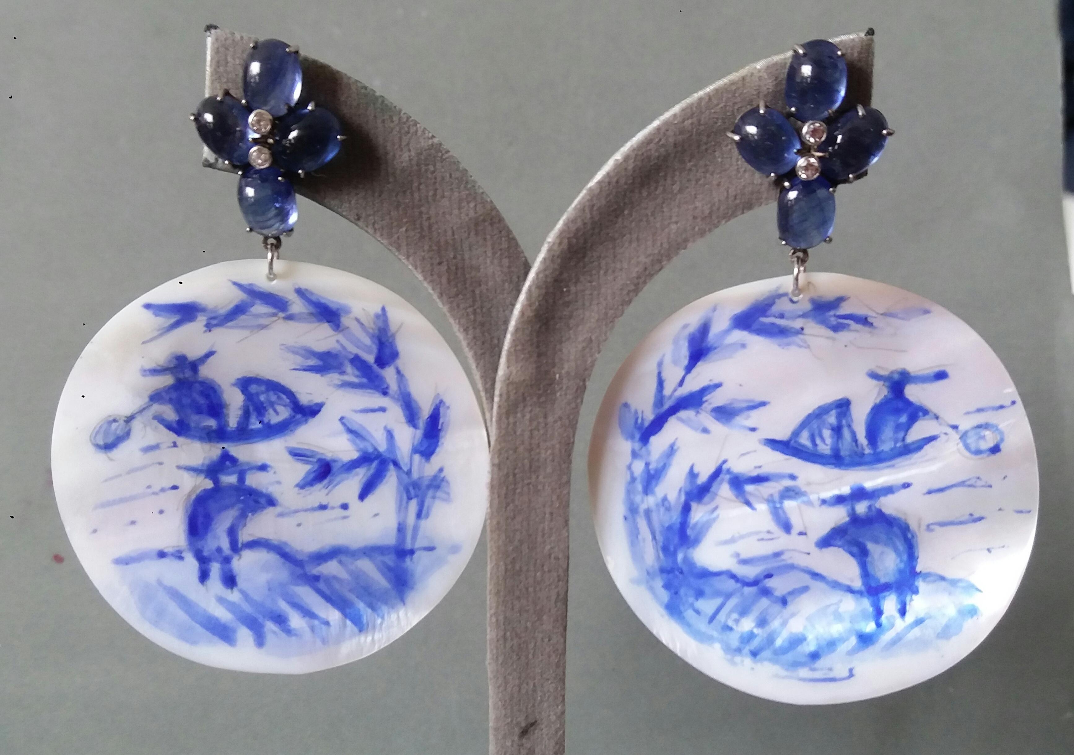 Vintage Chinese Hand Painted MotherofPearl Gold Diamonds Blue Sapphires Earrings For Sale 7