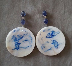 Vintage Chinese Hand Painted Motherofpearl Gold Diamonds Blue Sapphires Earrings