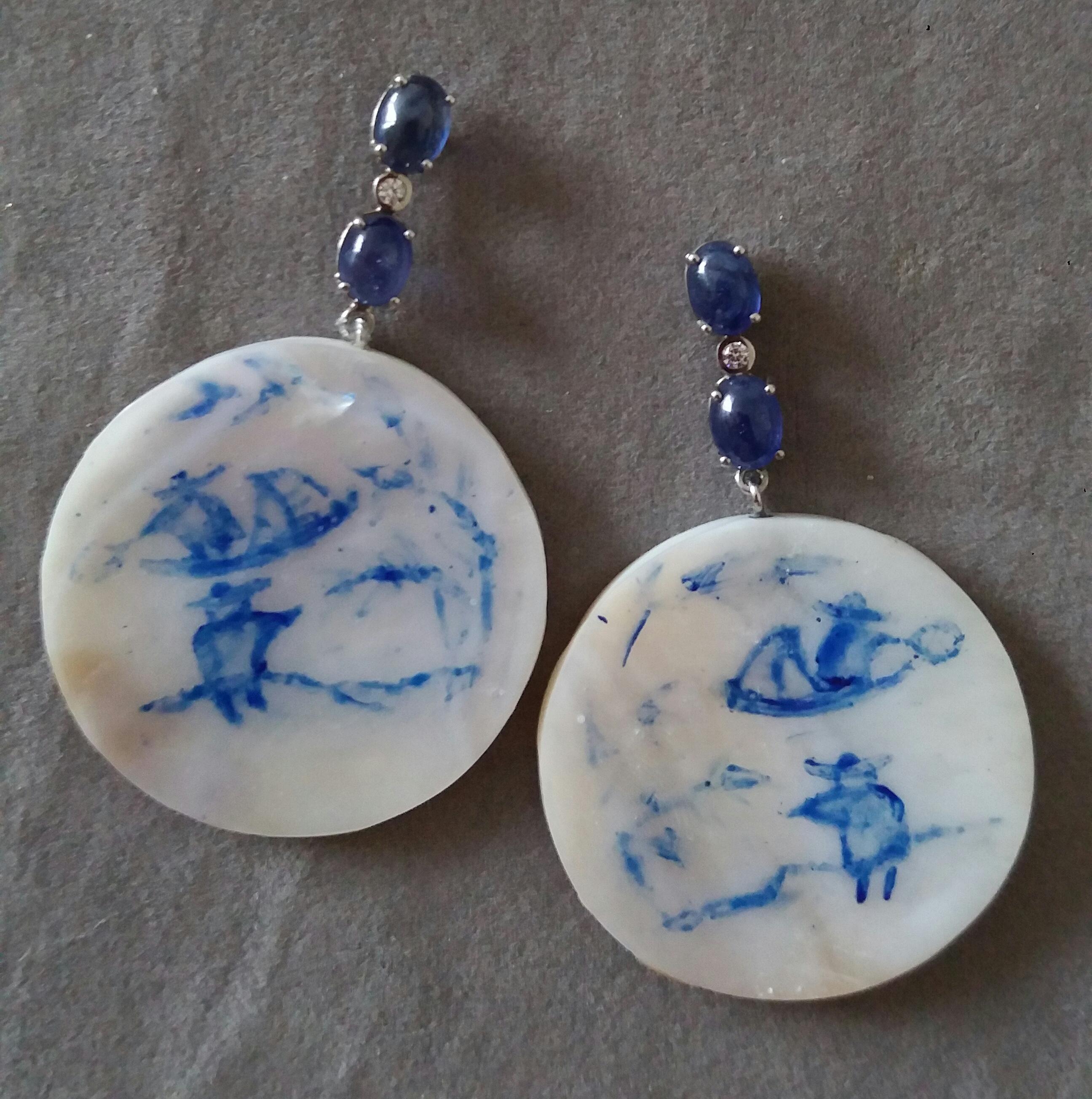Arts and Crafts Vintage Chinese Hand Painted Motherofpearl Gold Diamonds Blue Sapphires Earrings For Sale