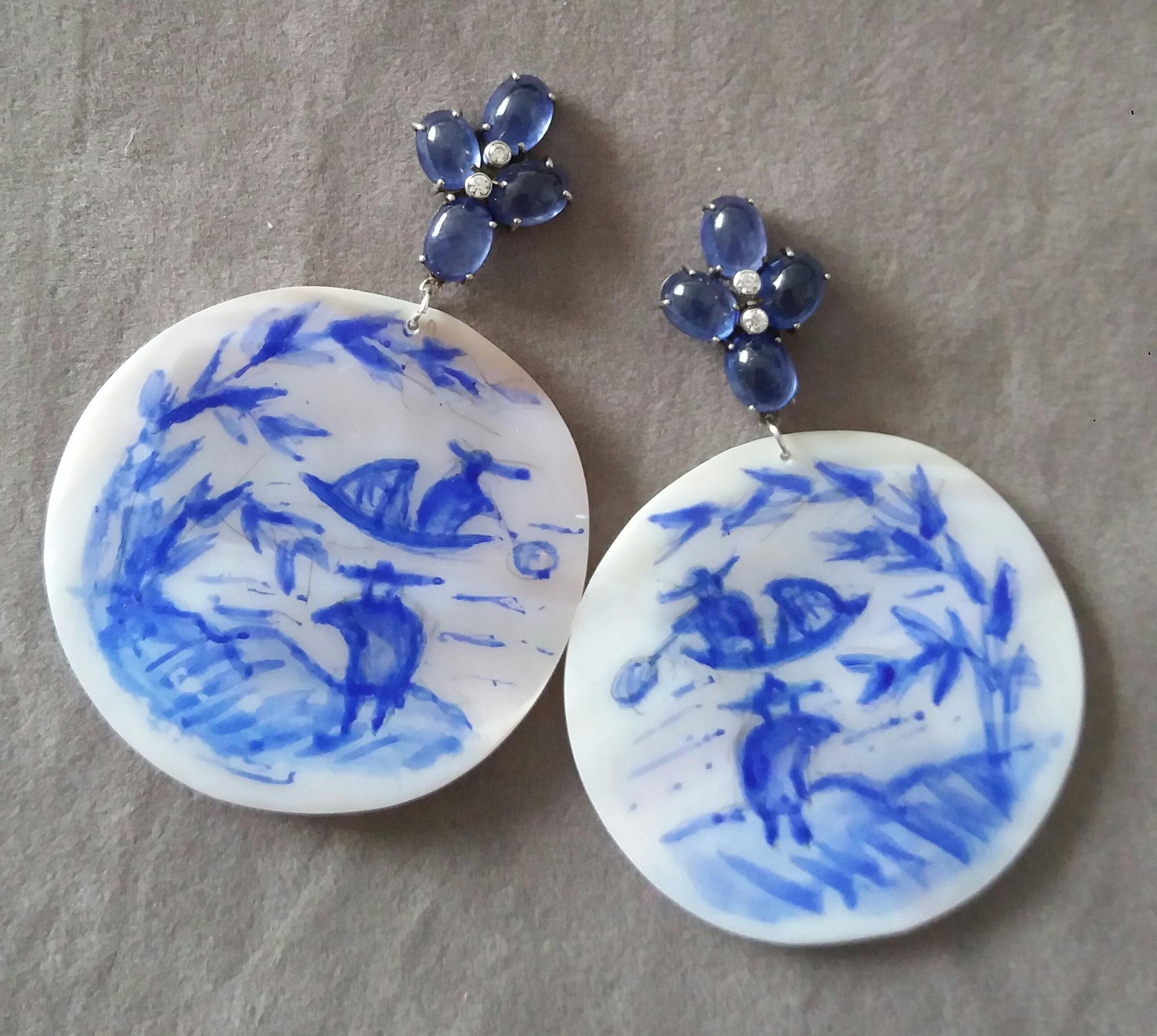 Arts and Crafts Vintage Chinese Hand Painted MotherofPearl Gold Diamonds Blue Sapphires Earrings For Sale