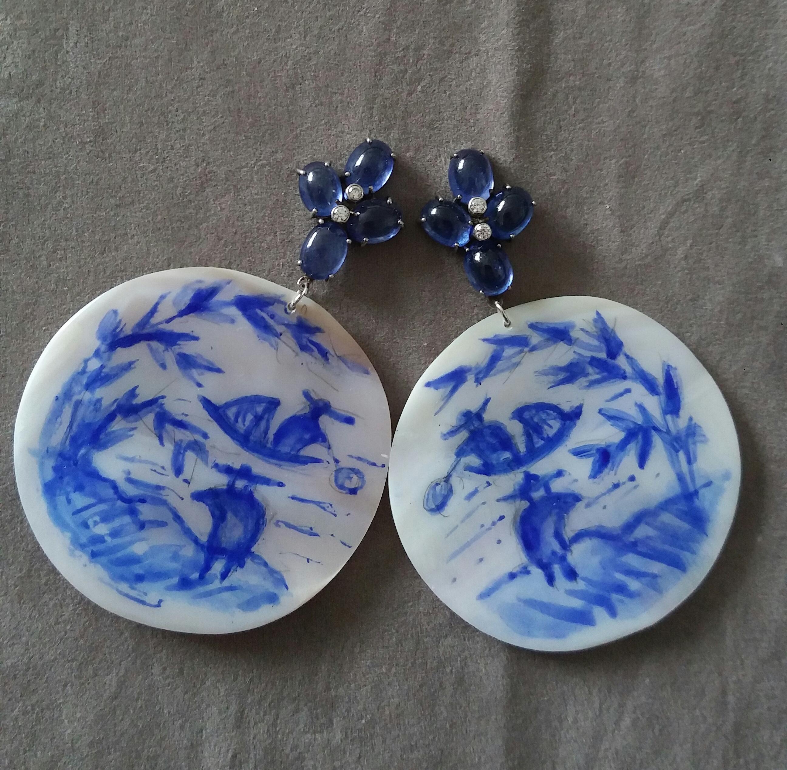 Mixed Cut Vintage Chinese Hand Painted MotherofPearl Gold Diamonds Blue Sapphires Earrings For Sale