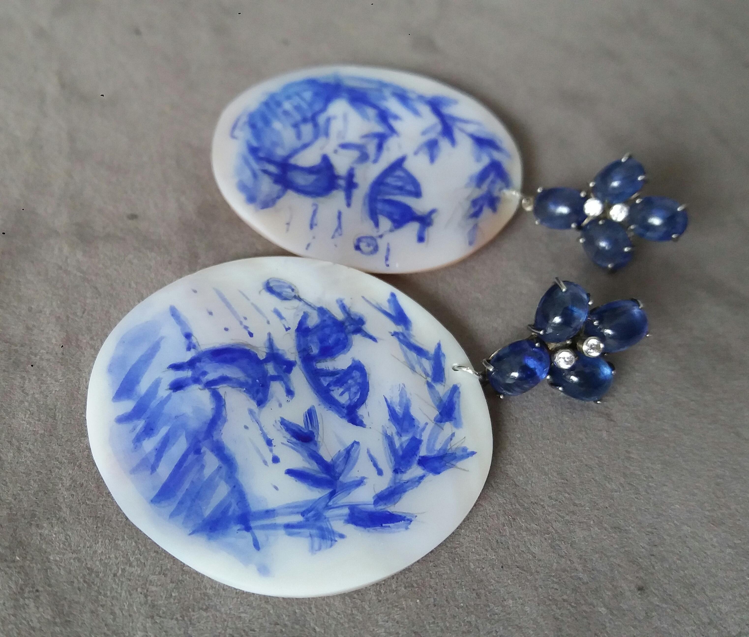 Vintage Chinese Hand Painted MotherofPearl Gold Diamonds Blue Sapphires Earrings In Good Condition For Sale In Bangkok, TH