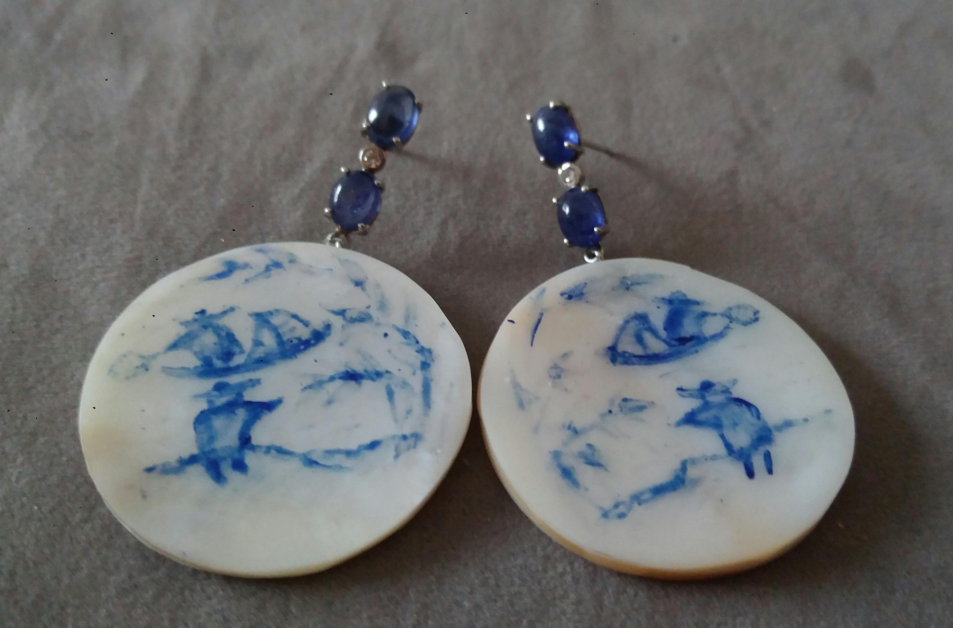 Women's Vintage Chinese Hand Painted Motherofpearl Gold Diamonds Blue Sapphires Earrings For Sale