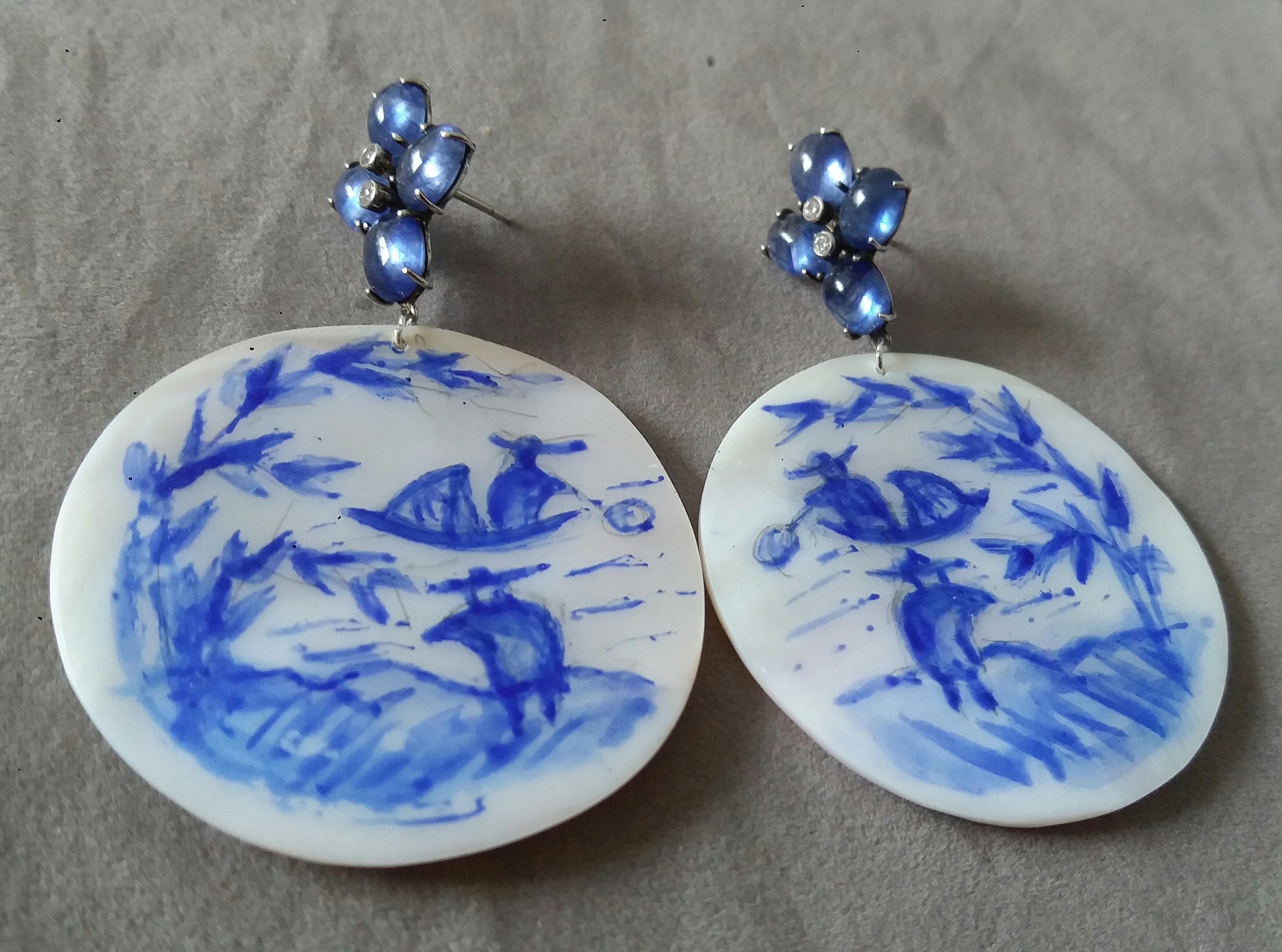 Women's Vintage Chinese Hand Painted MotherofPearl Gold Diamonds Blue Sapphires Earrings For Sale