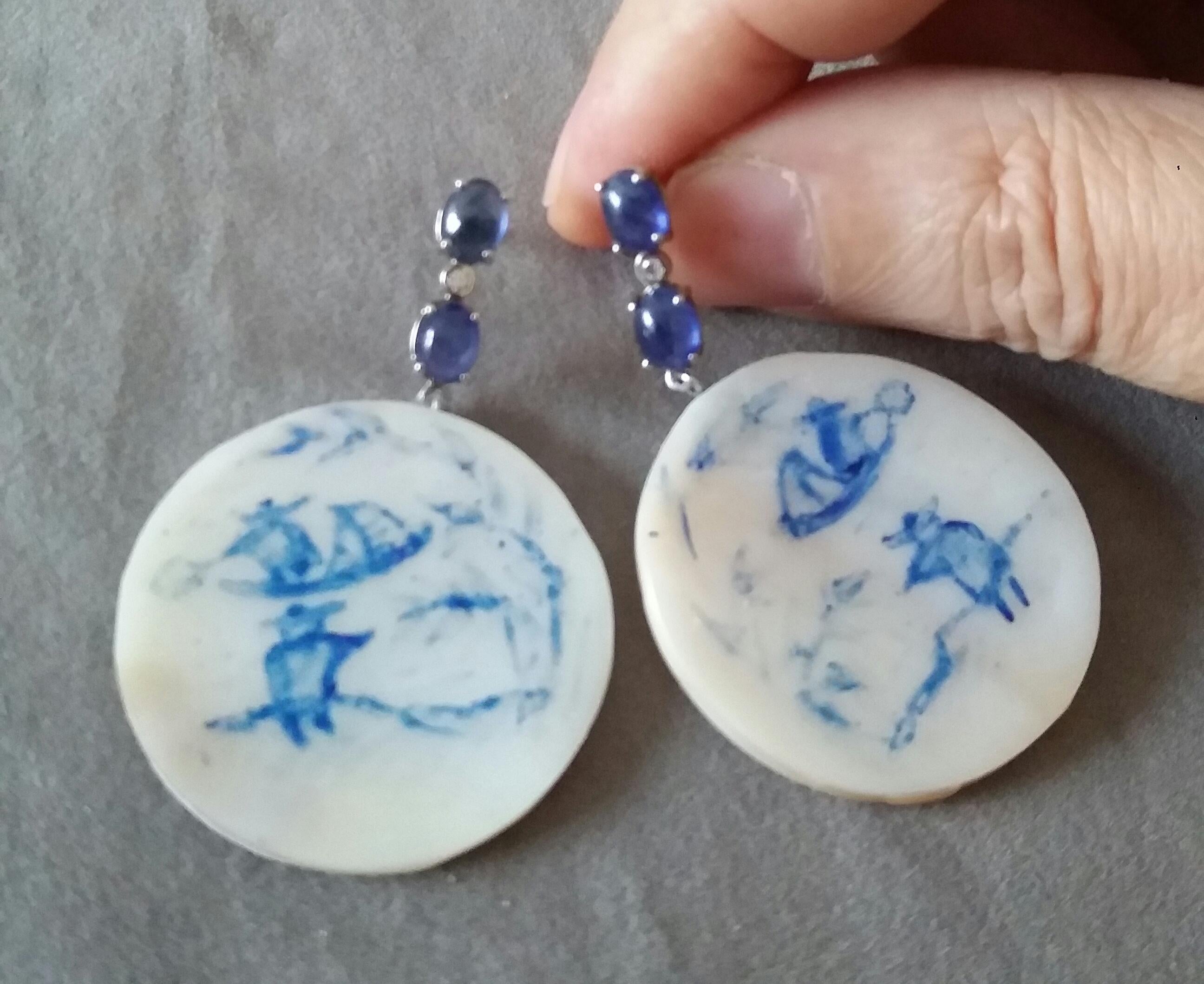 Vintage Chinese Hand Painted Motherofpearl Gold Diamonds Blue Sapphires Earrings For Sale 1