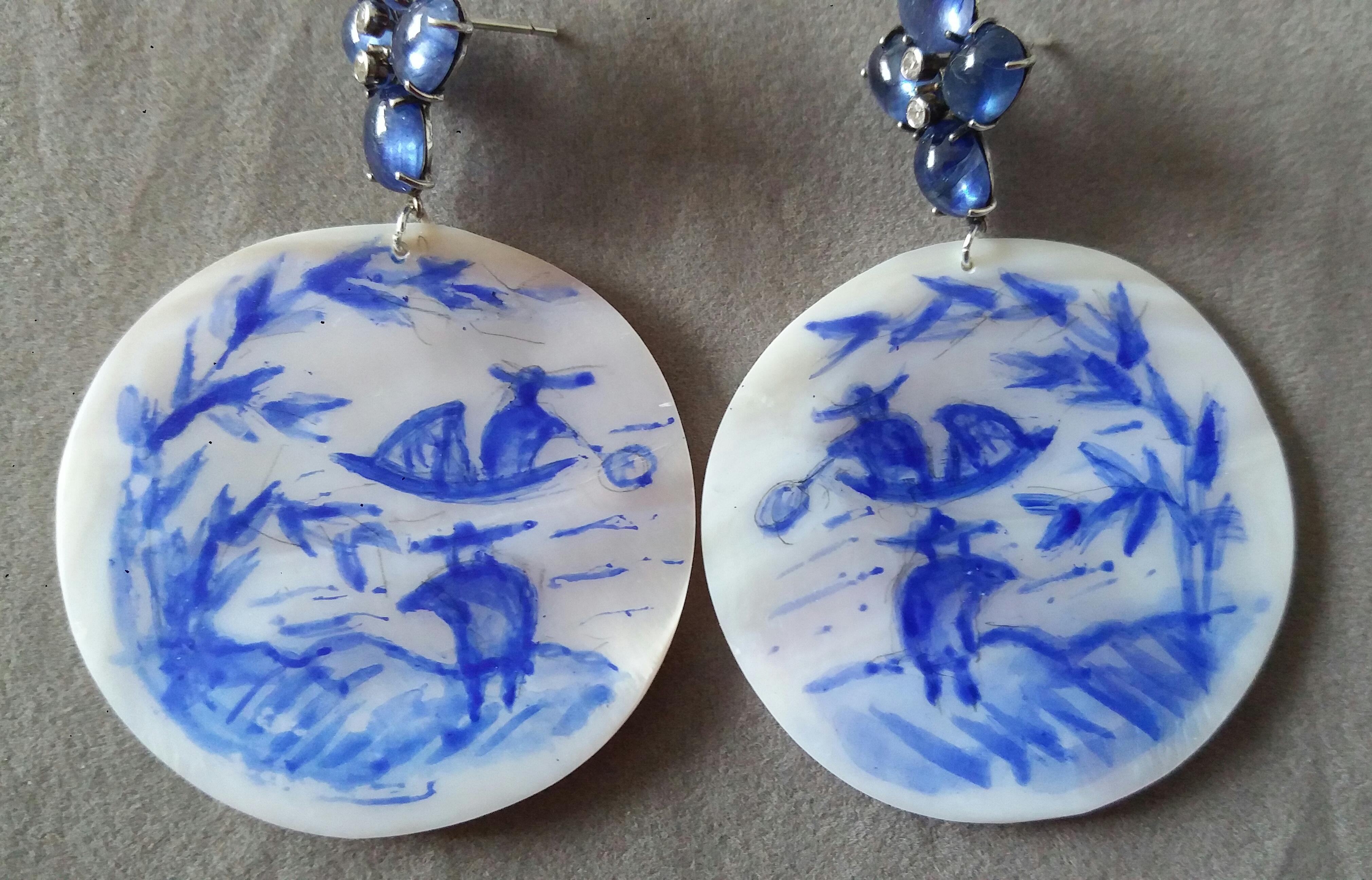 Vintage Chinese Hand Painted MotherofPearl Gold Diamonds Blue Sapphires Earrings For Sale 1