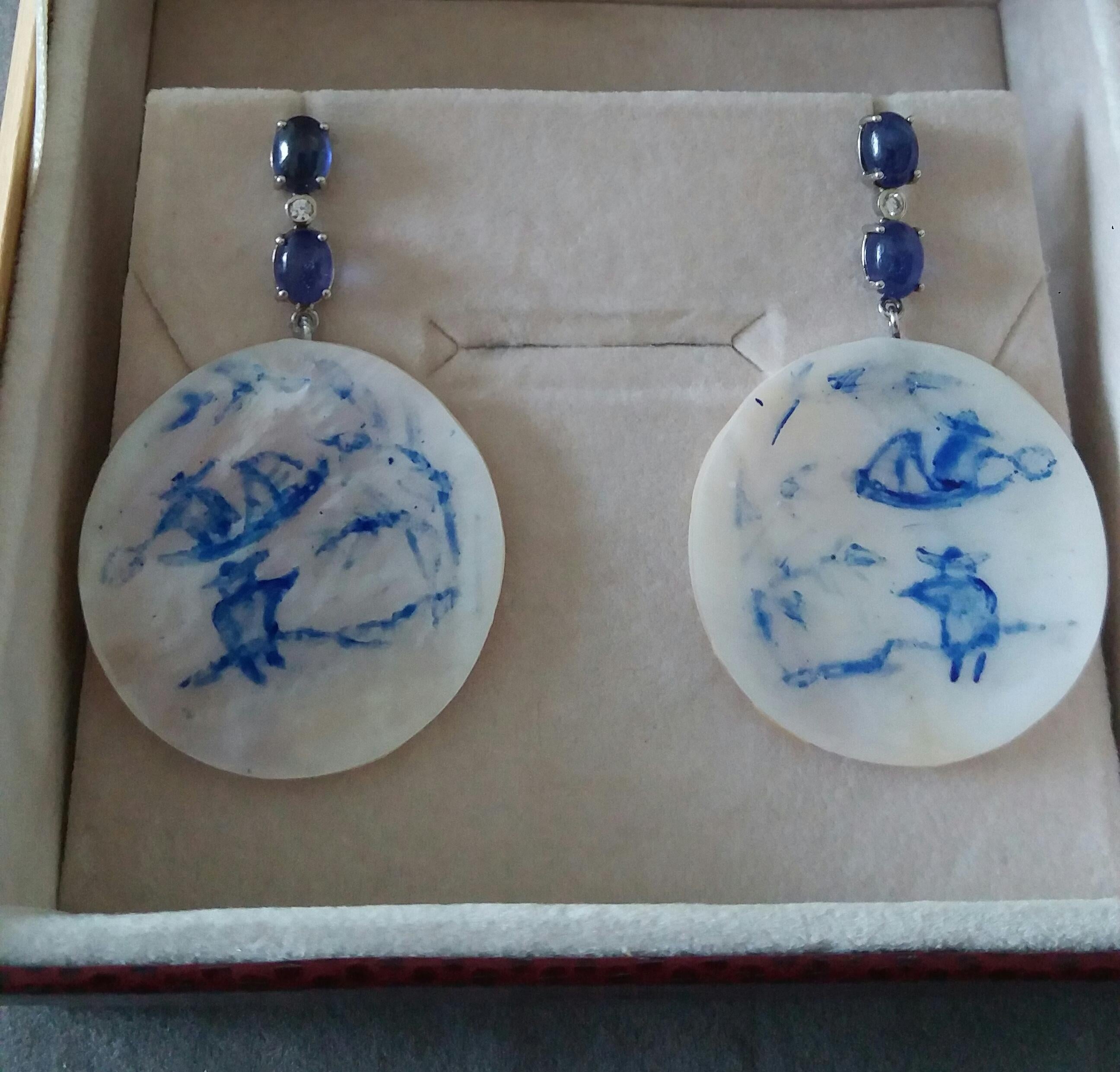 Vintage Chinese Hand Painted Motherofpearl Gold Diamonds Blue Sapphires Earrings For Sale 2